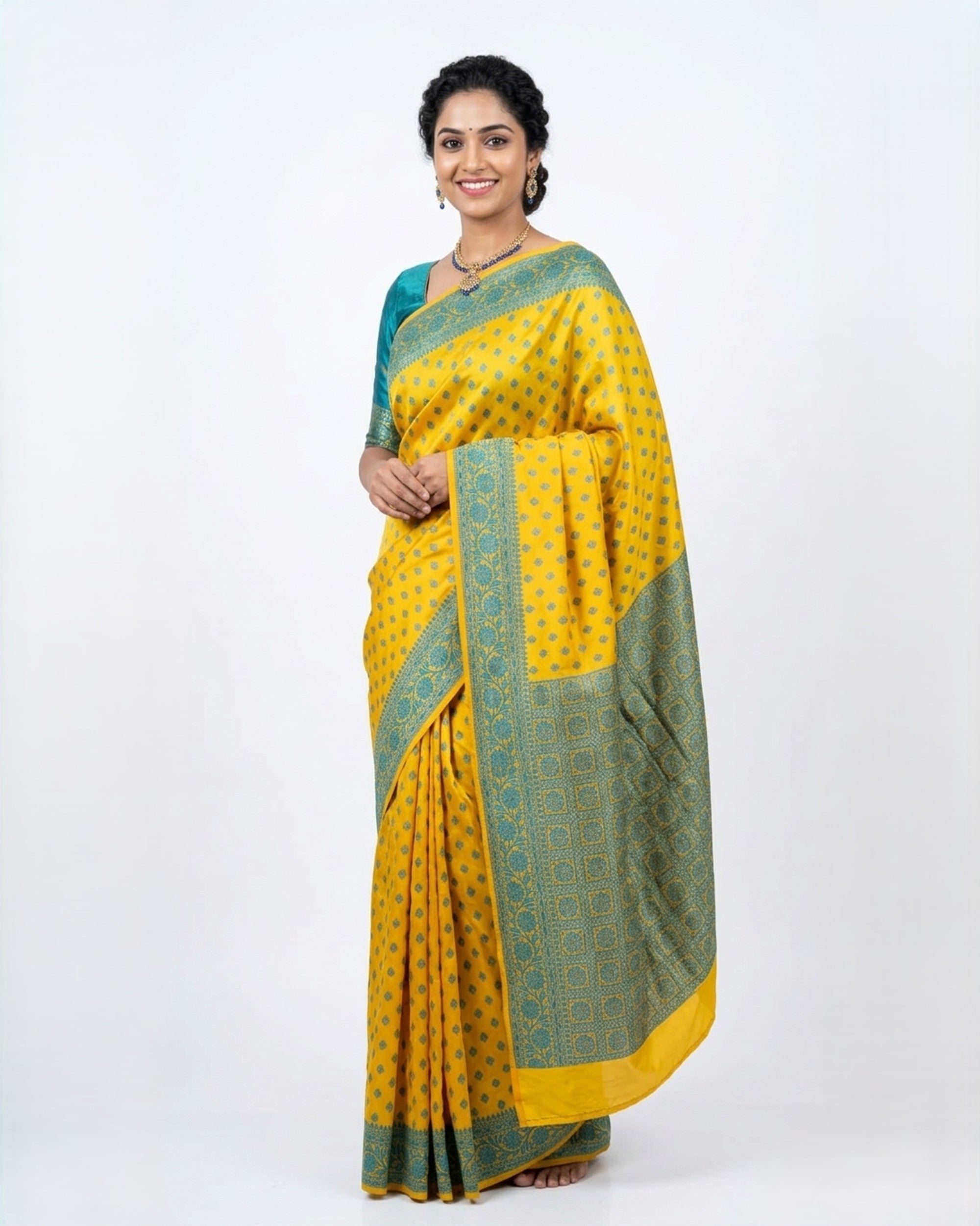 Yellow & Green Ethnic Motifs Woven Design Zari Silk Blend Saree