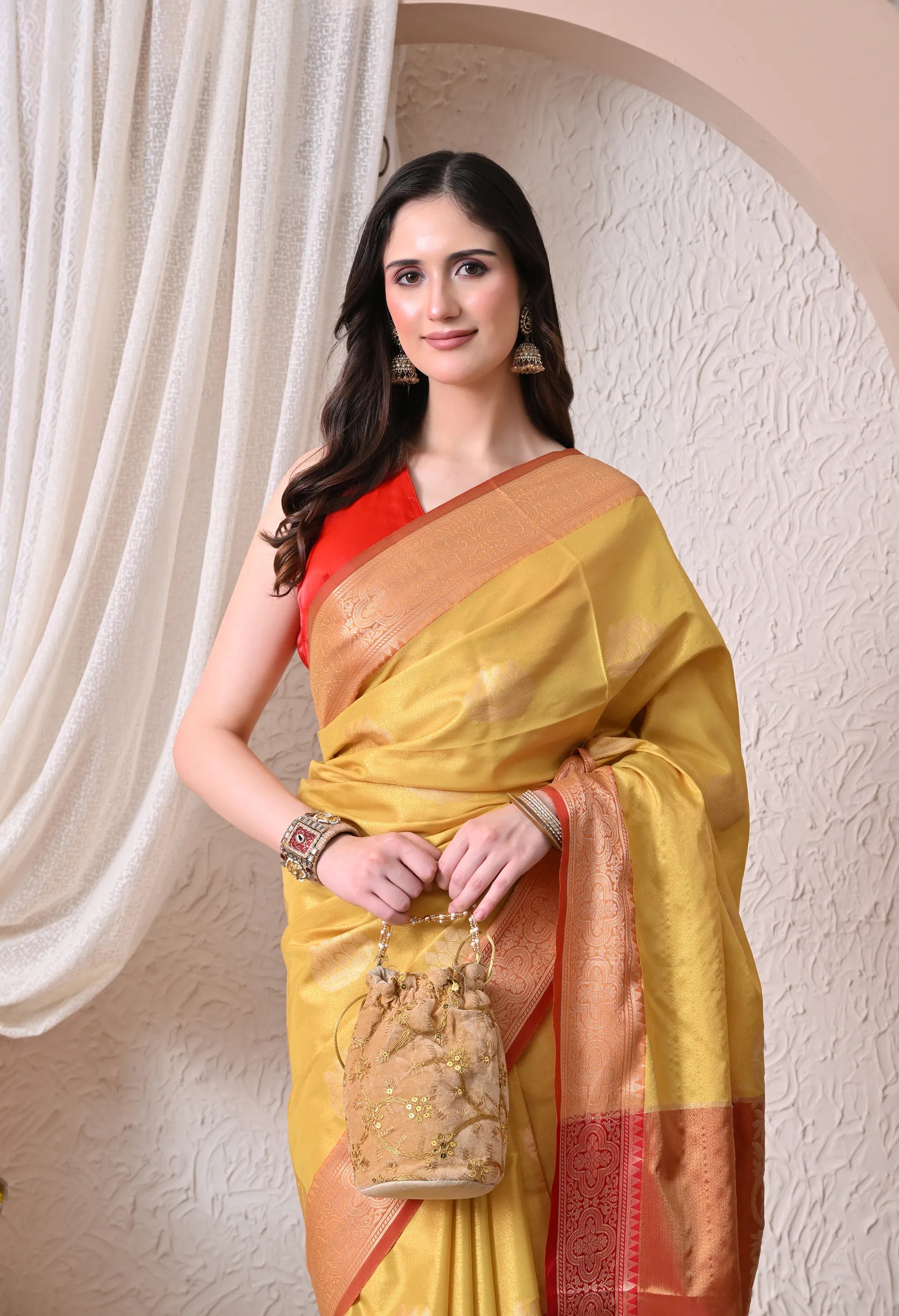 Mustard Yellow & Rust Red Silk Blend Banarasi Saree with Lotus Butis