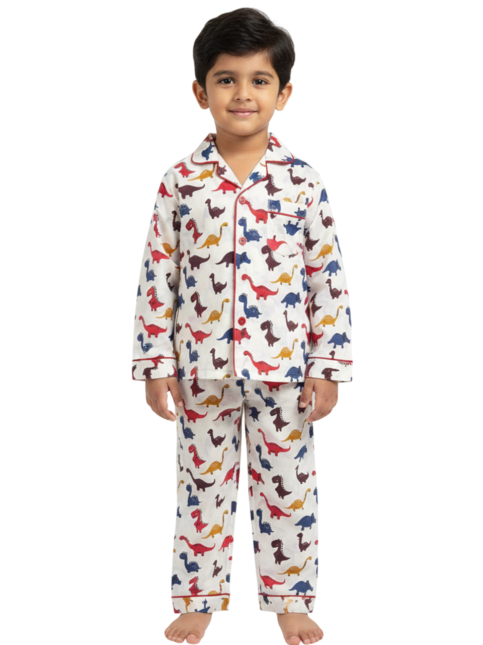 Kids Boys Full Sleeve Collared Pure Cotton Night Suit | Printed Pajama Set | Sleepwear for Kids Boys