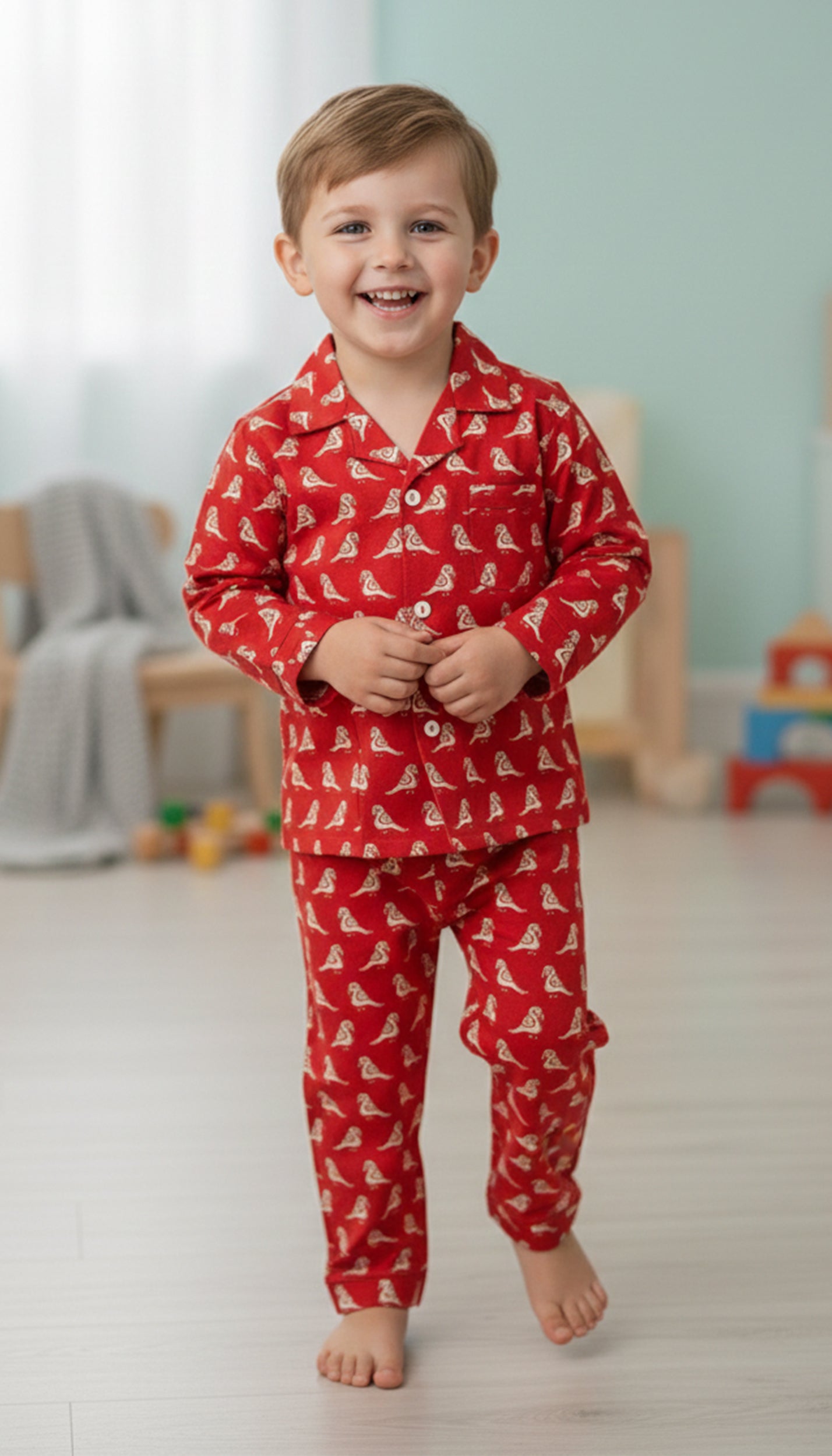 Boys Red & White Bird Print Cotton Night Suit