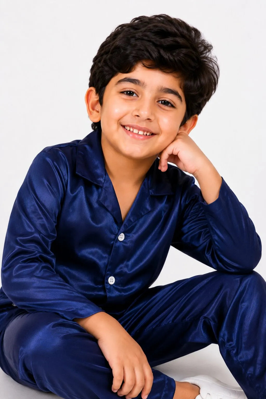 Boys' Navy Blue Luxury Satin Night Suit Set – Smooth Full-Sleeve Shirt & Relaxed Pyjamas