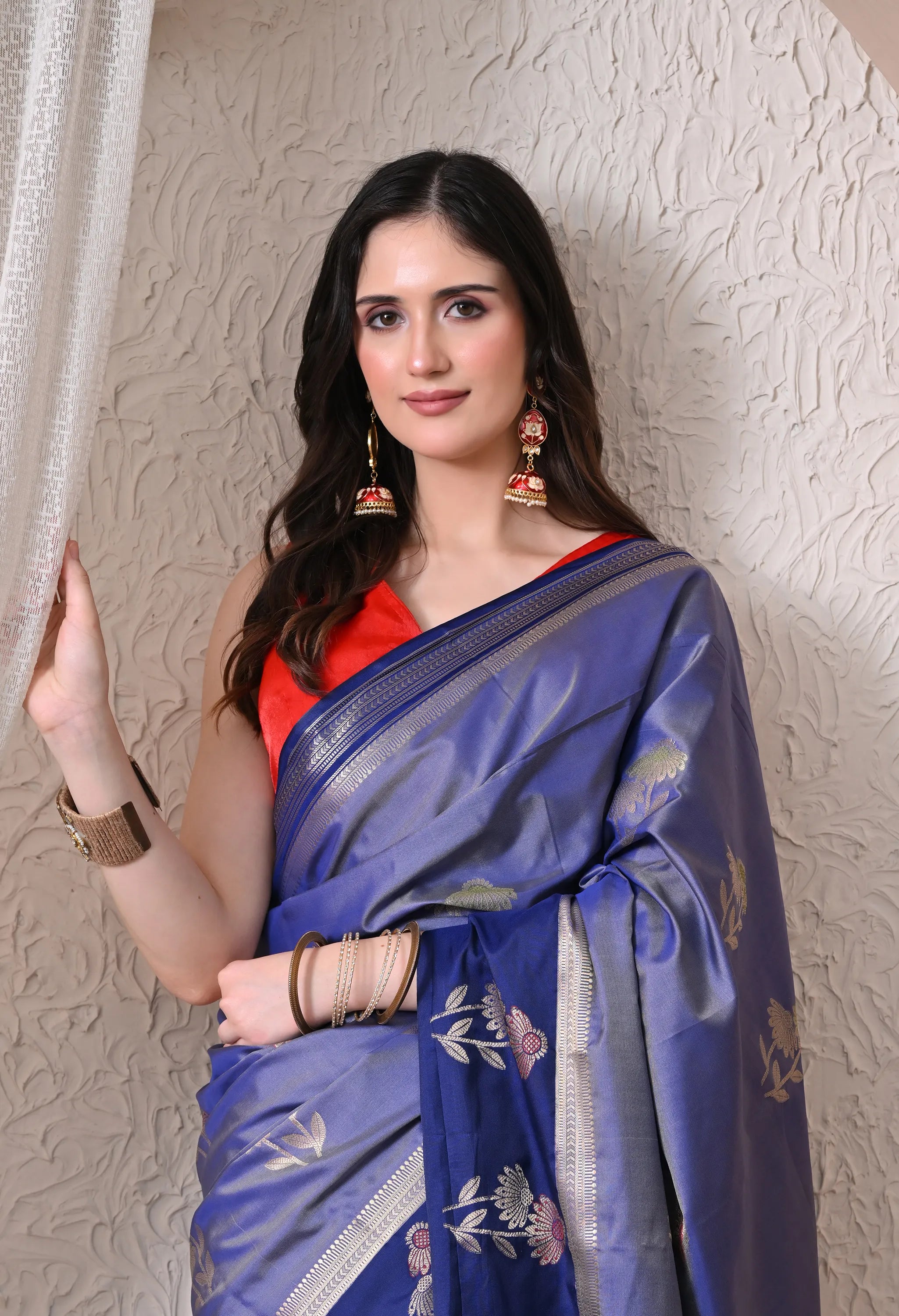 Regal Royal Blue and Navy Silk Blend Floral Banarasi Style Saree