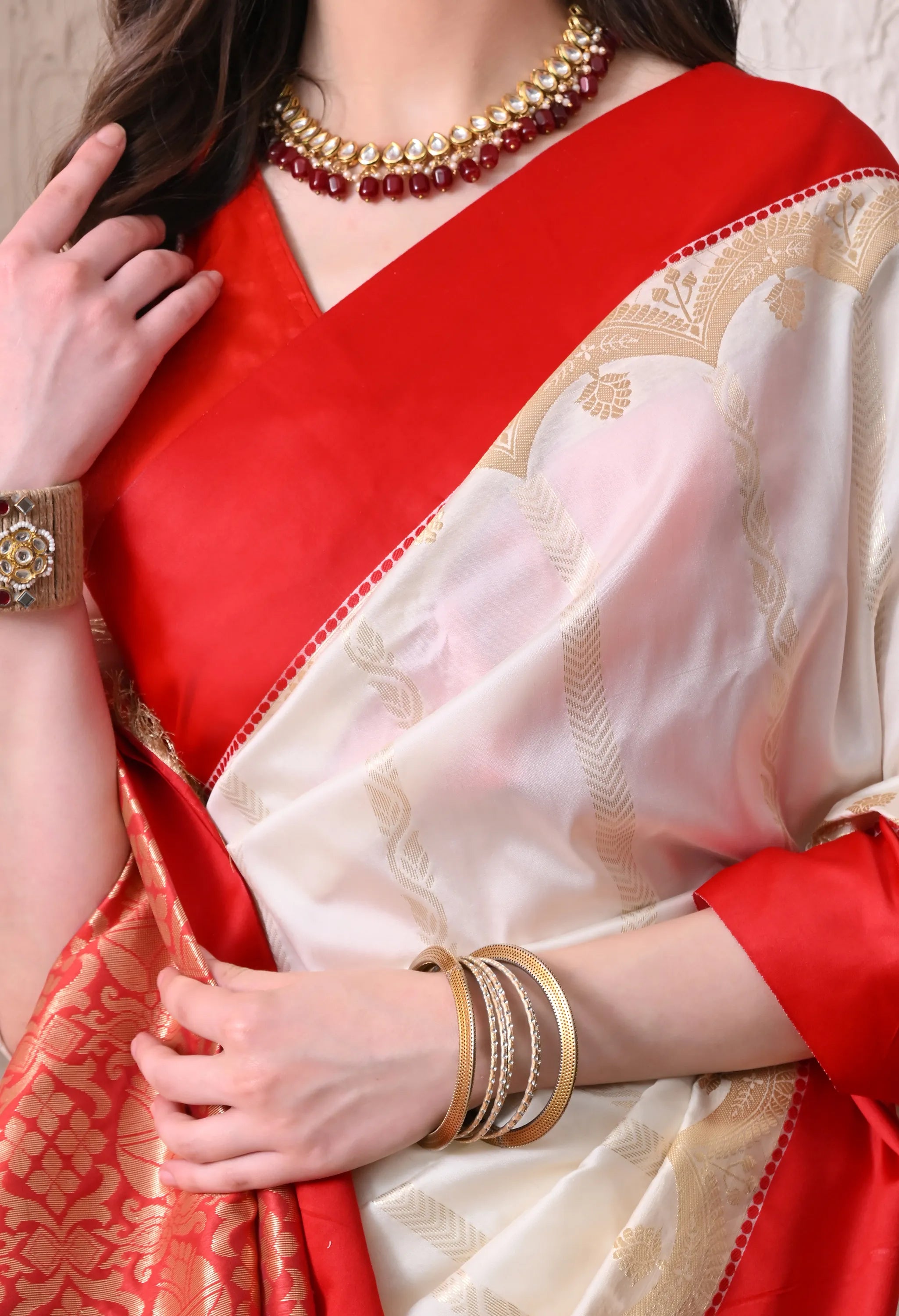 Festive Off-White and Crimson Red Silk Blend Saree