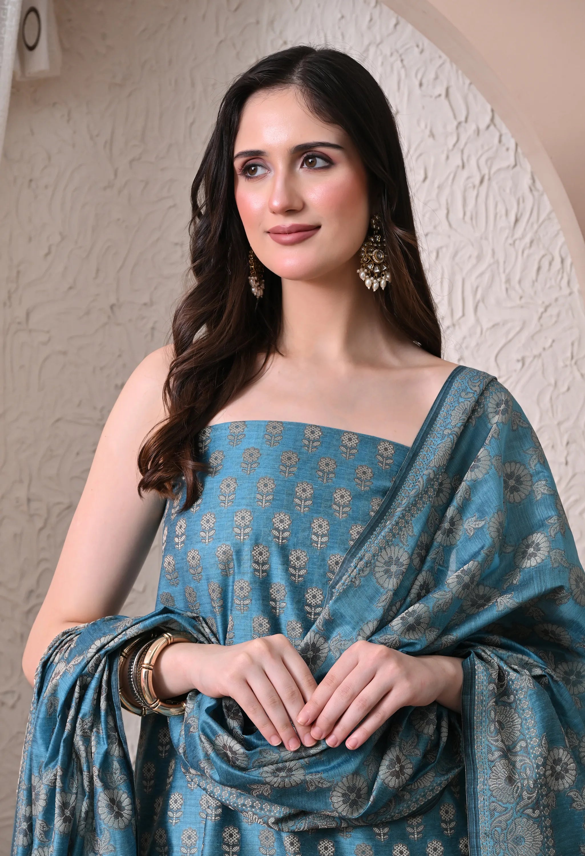 Elegant Teal Blue and Gold Woven Silk Unstitched Salwar Suit Material with Banarasi Style Dupatta