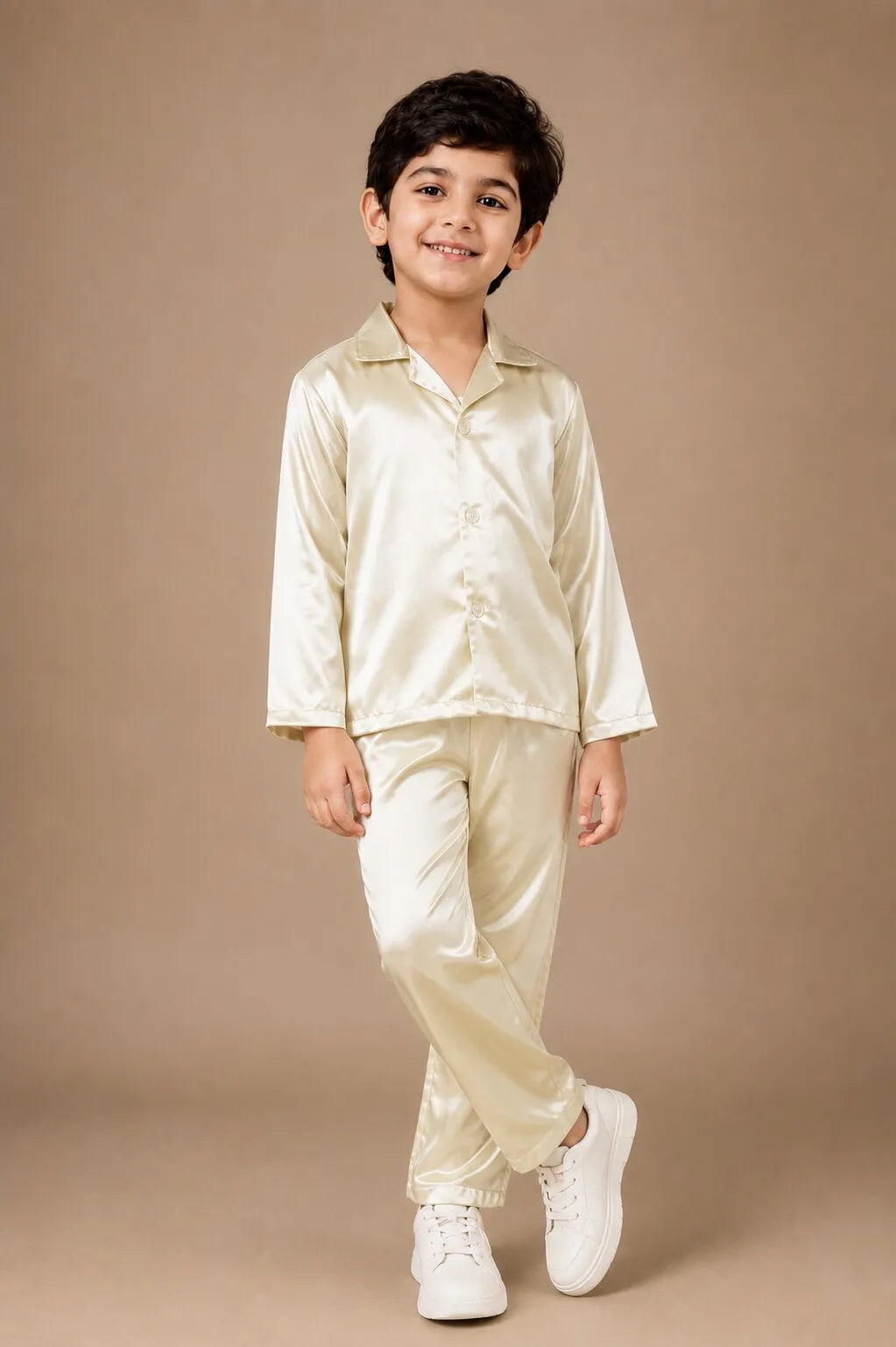 Boys' Luxurious Solid Satin Night Suit – Comfortable Full-Sleeve Button-Down Shirt & Pyjama Set