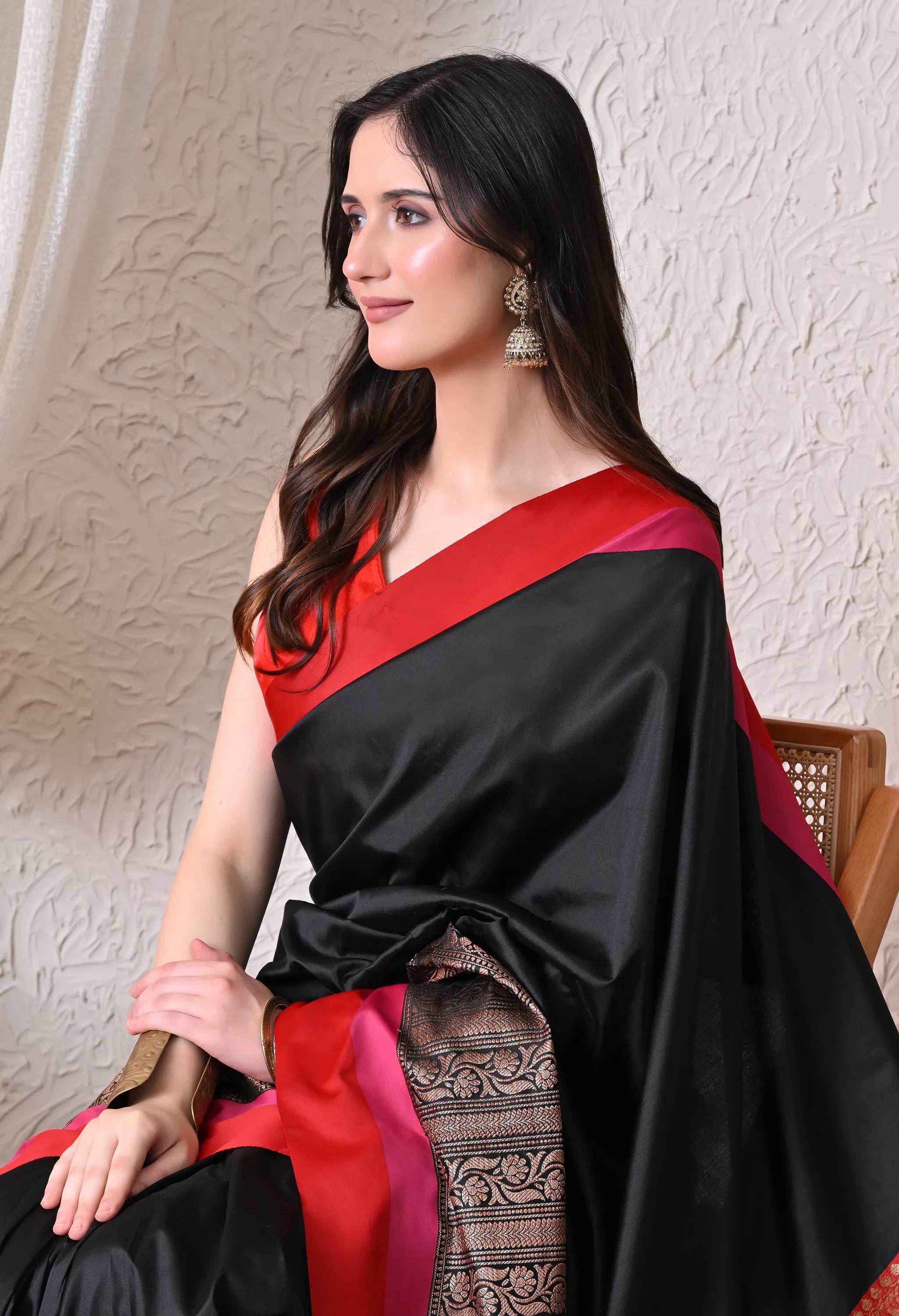 Midnight Black Silk Blend Saree with Multi-Toned Crimson and Pink Border