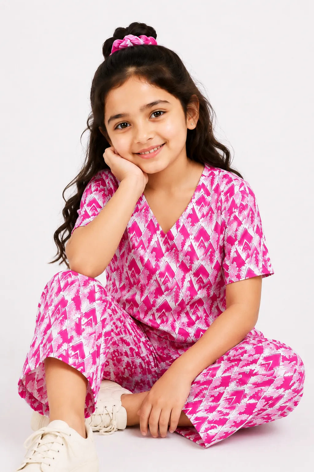 Girls Pink Ikat Printed Co-ord Set - Scallop Hem V-Neck Top & Wide-Leg Trousers