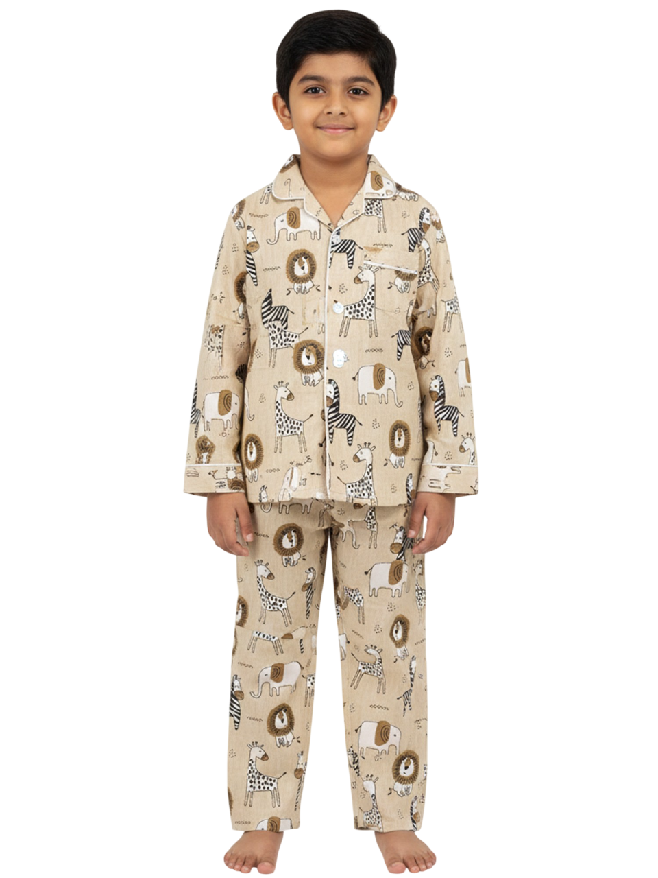 Kids Boys Full Sleeve Collared Pure Cotton Night Suit
