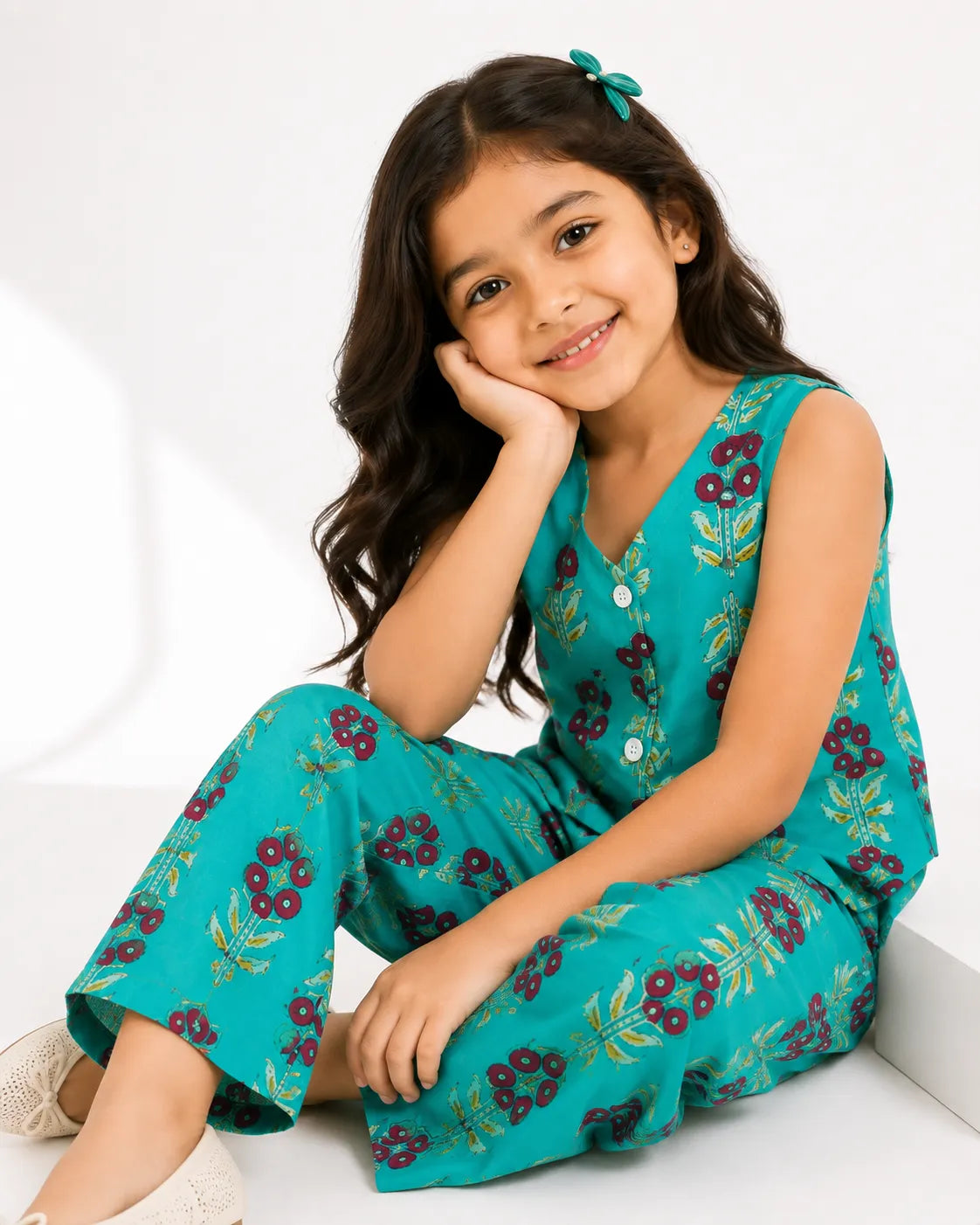 Girls Turquoise Blue Floral Printed Co-ord Set - Sleeveless Waistcoat Top & Wide-Leg Trousers