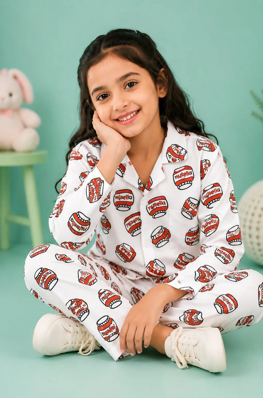 Girls Satin Nutella Print Night Suit – White & Red