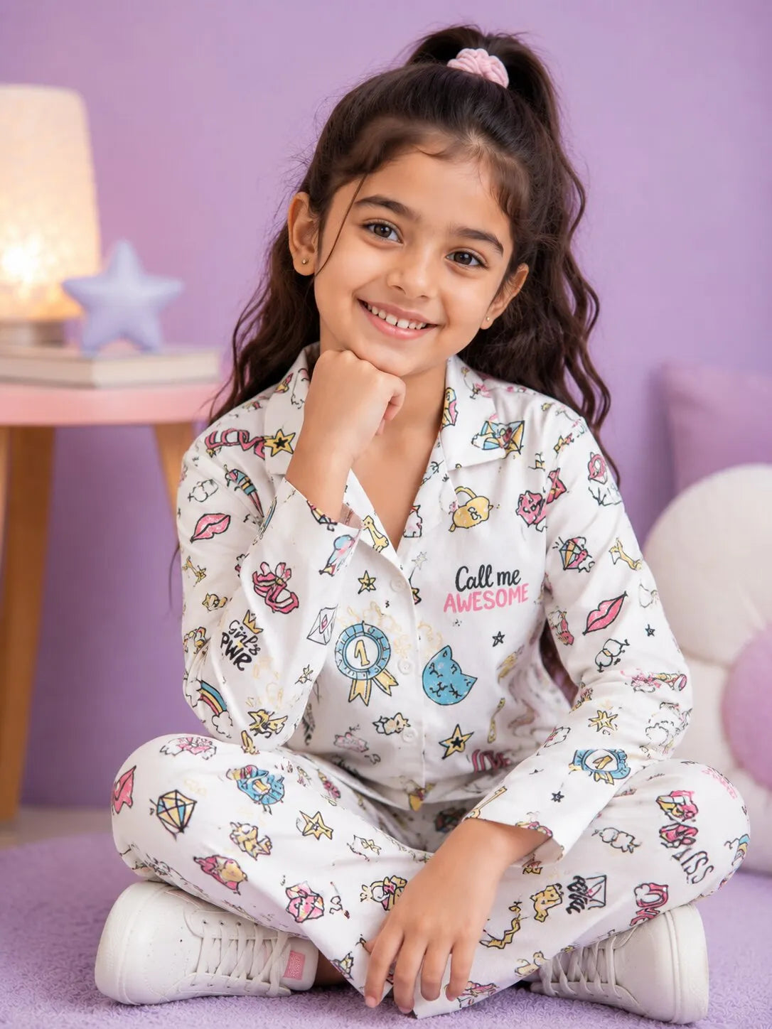Girl Pearl White & Multicolor Graphic Printed Satin Nightwear Set