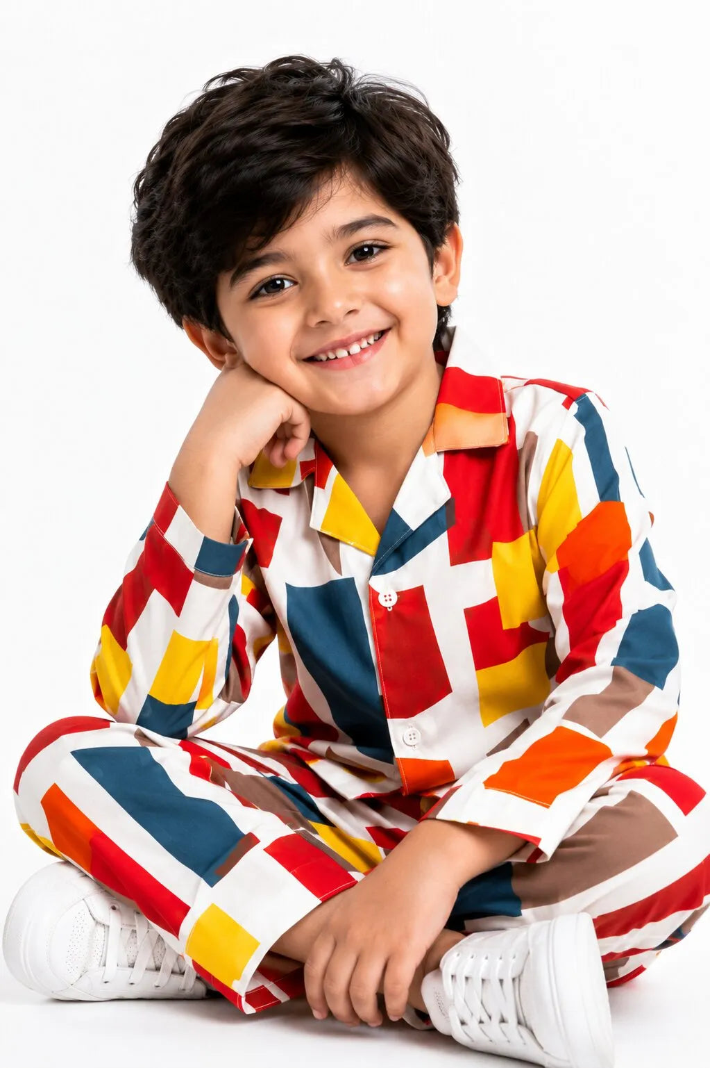 Boys Multi-Colored Abstract Geometric Print Pure Cotton Night Suit