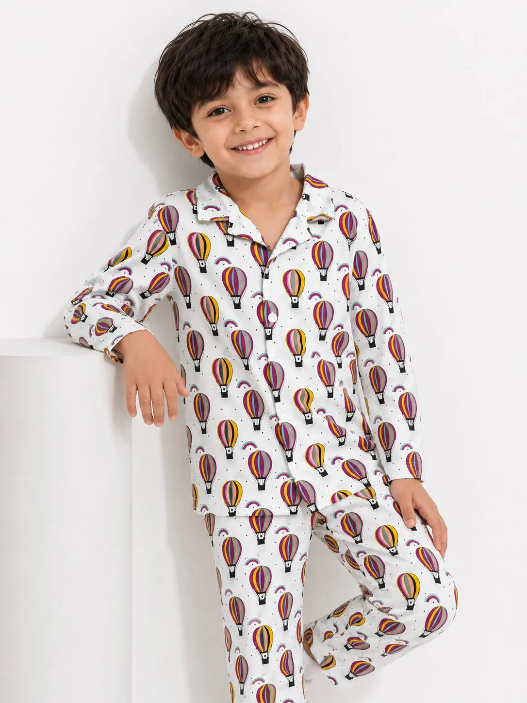 Kids Boys Full Sleeve Collared Pure Cotton Night Suit