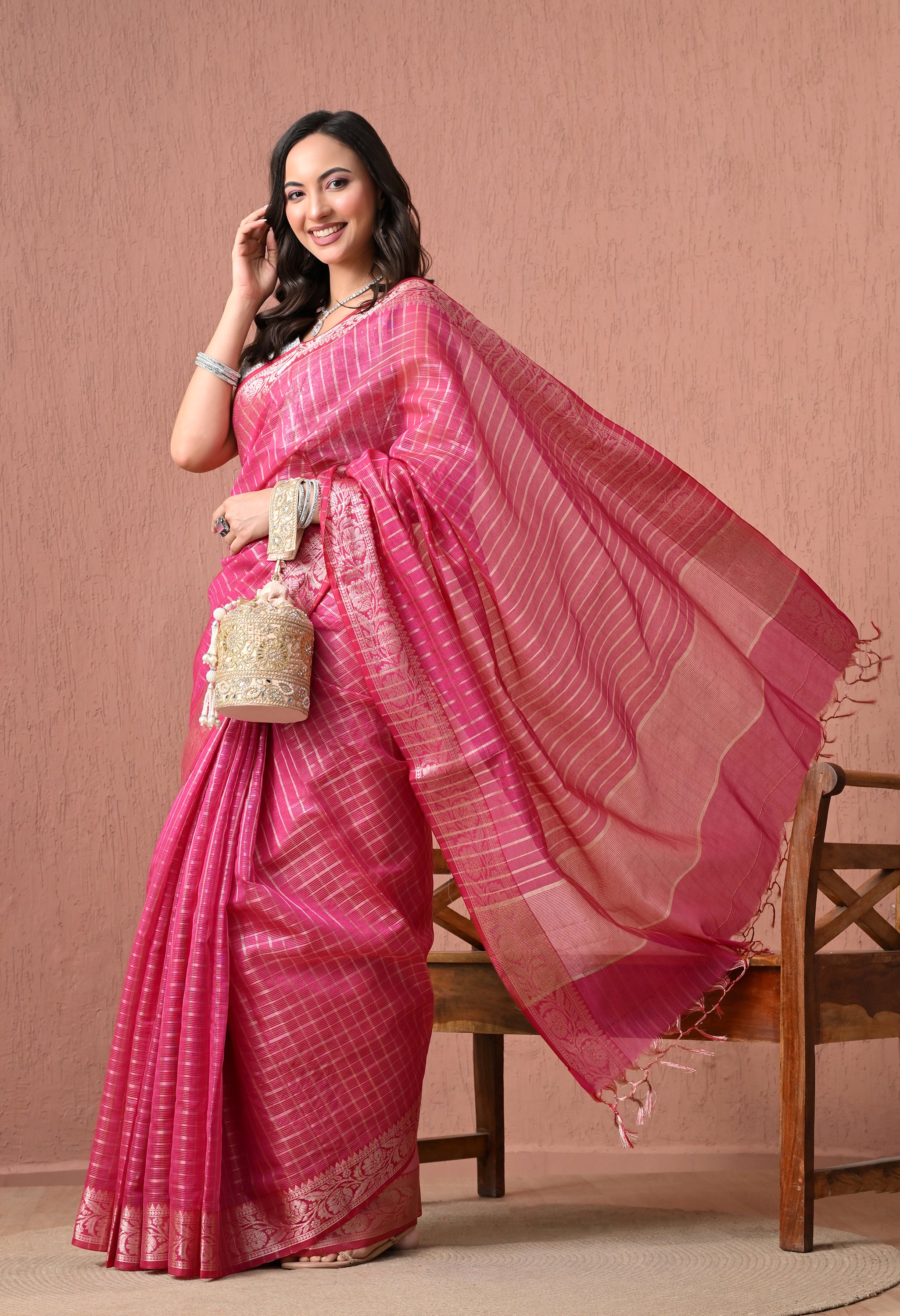 Rani Pink Cotton Saree with Silver Zari Checks and Traditional Border