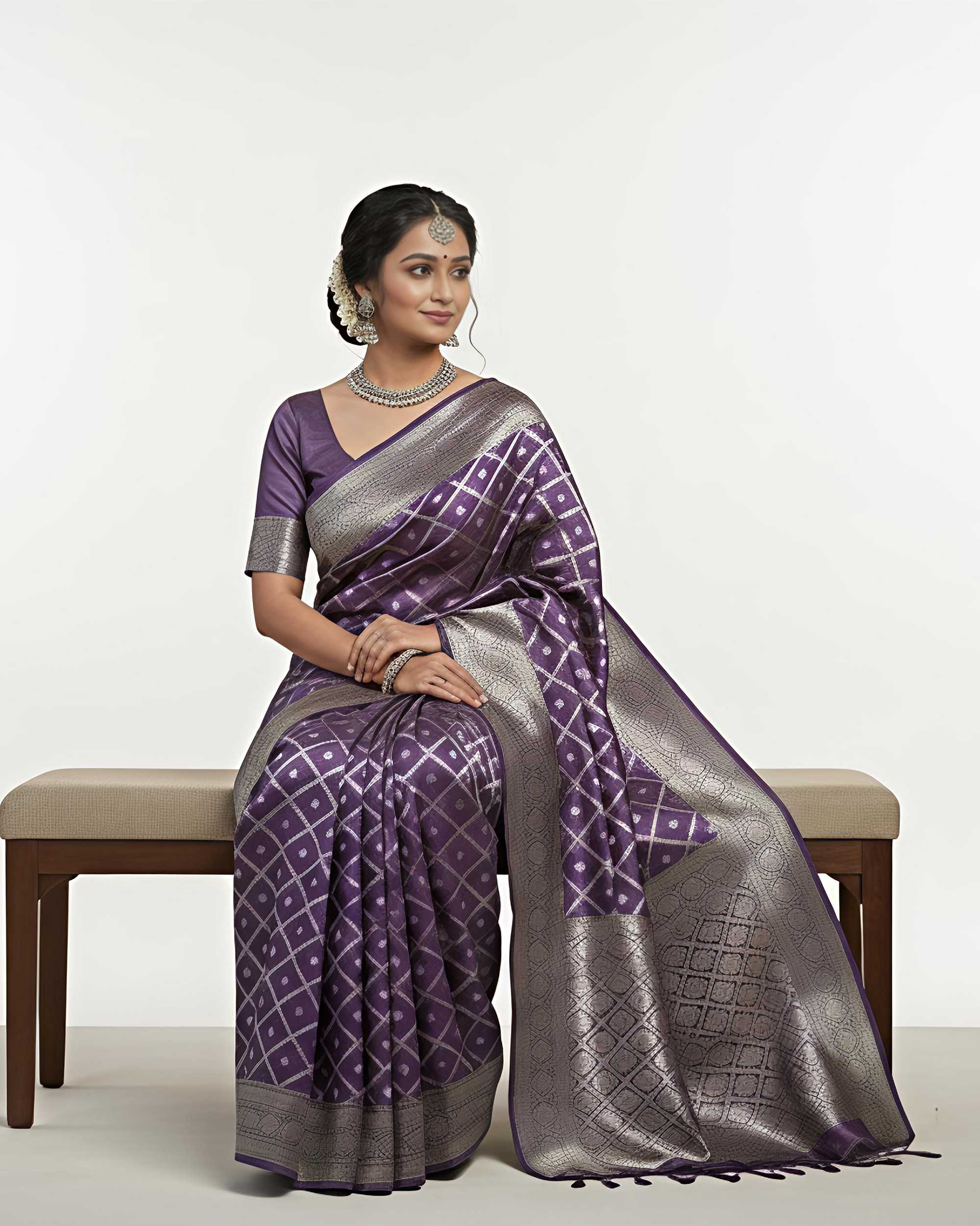 Women Purple & Silver-Toned Woven Design Zari Banarasi Silk Blend Saree