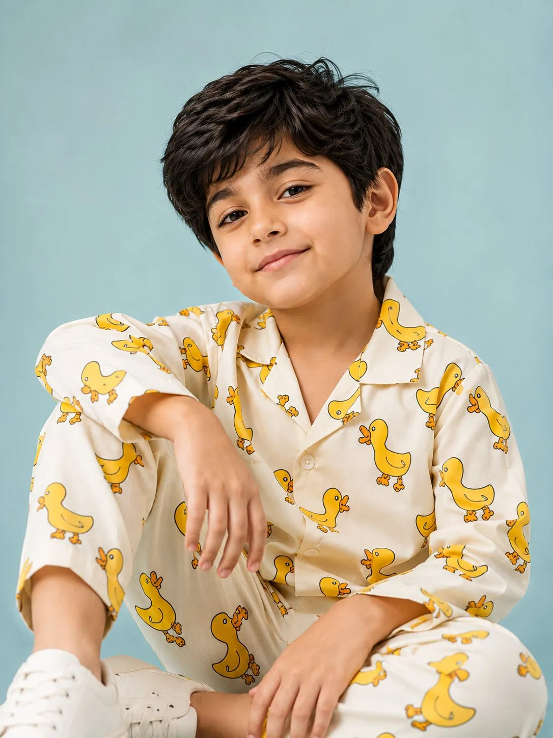 Boys Off-White & Yellow Satin Duck Printed Nightsuit