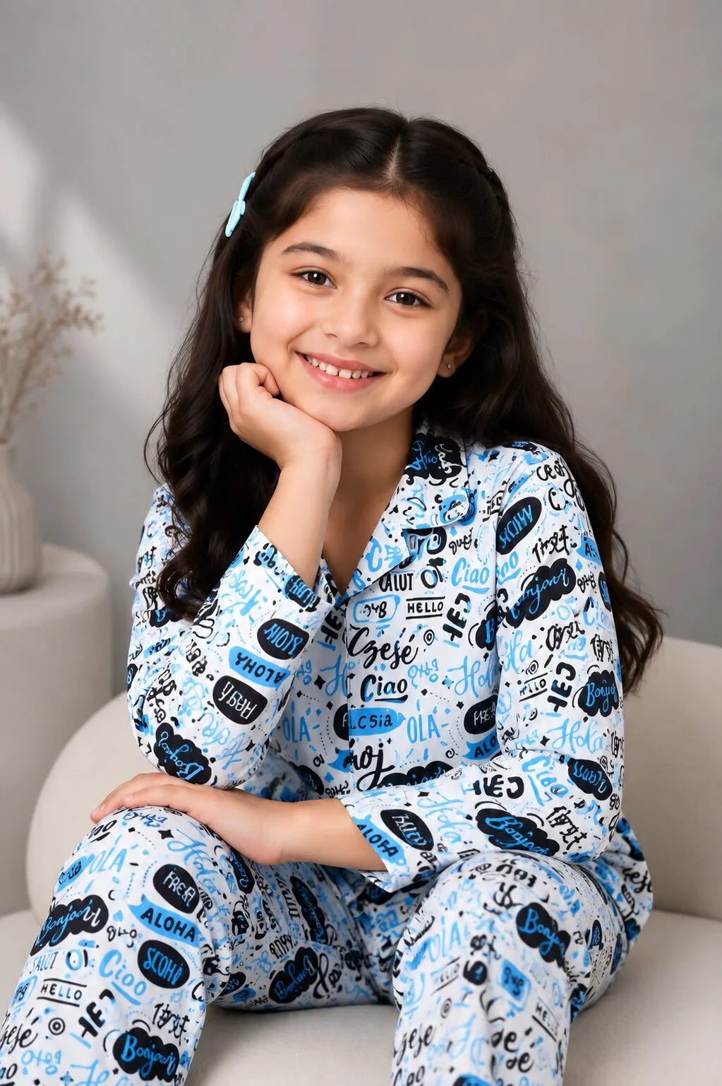 Girls Satin "Hello" Multilingual Print Night Suit
