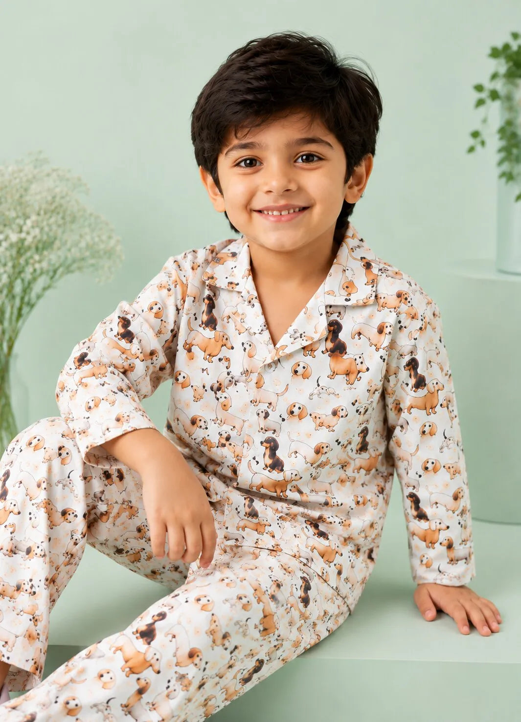 Kids' Satin Dog Print Night Suit Set – Cream