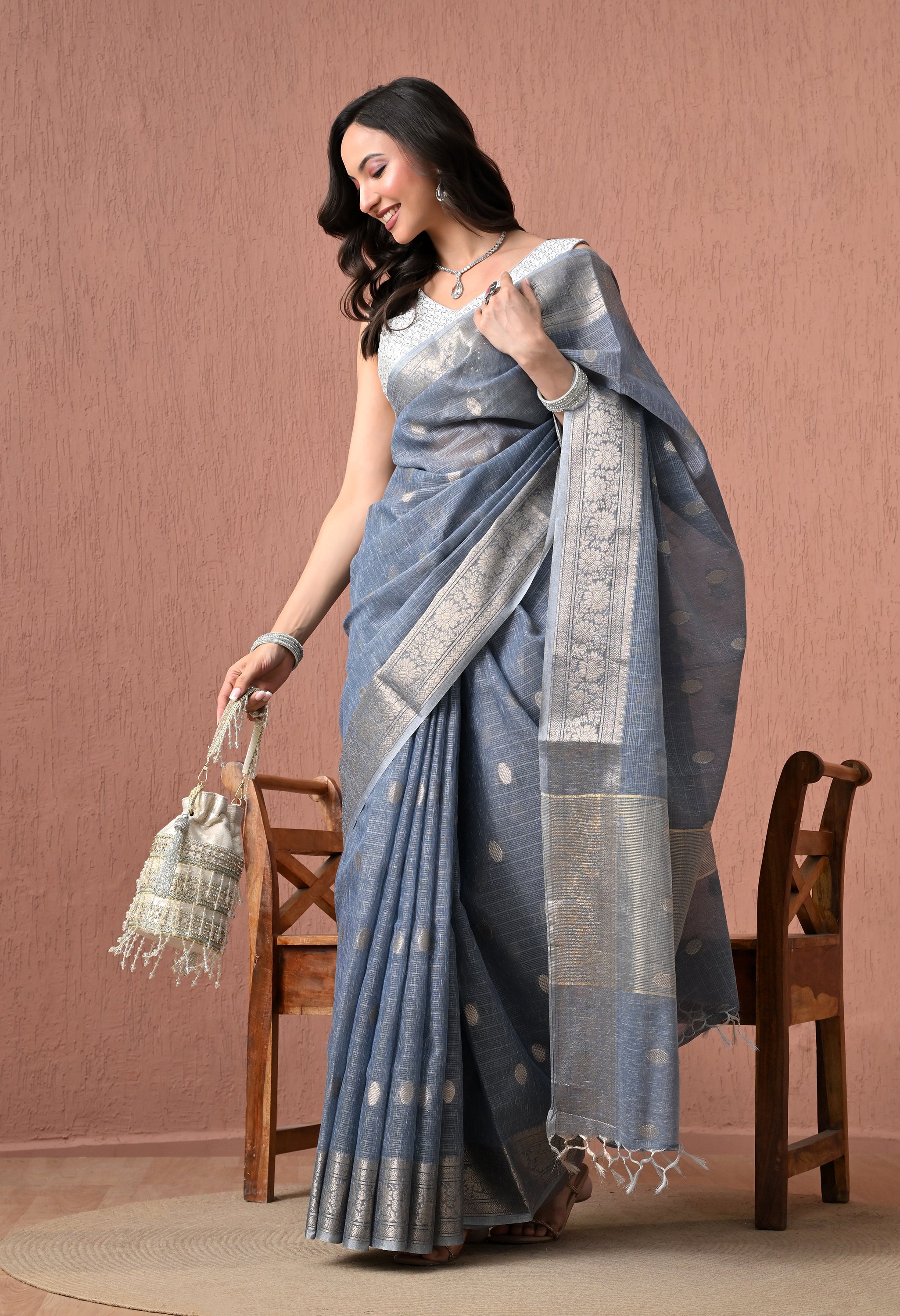 Elegant Steel Blue Cotton Saree with Silver Zari Border