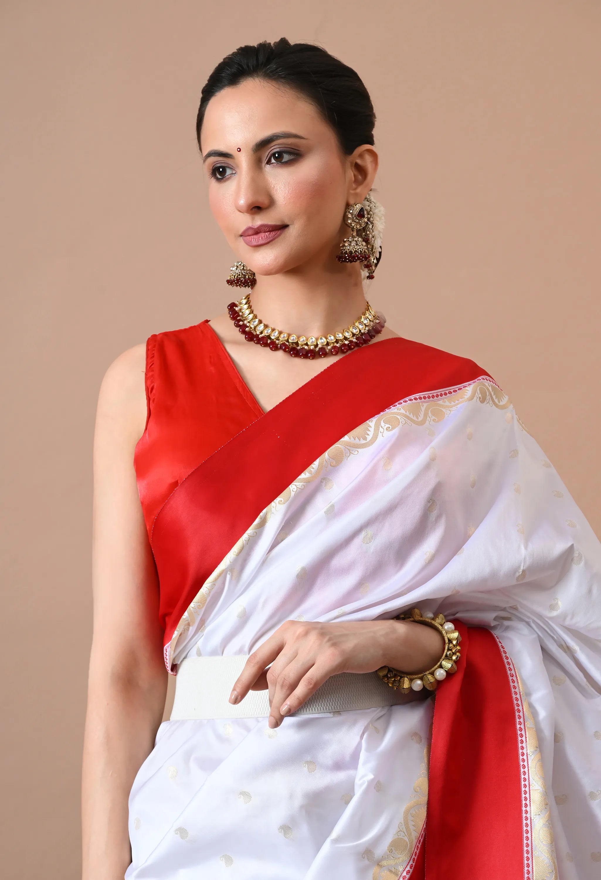 White & Red Woven Design Silk Blend Banarasi Saree