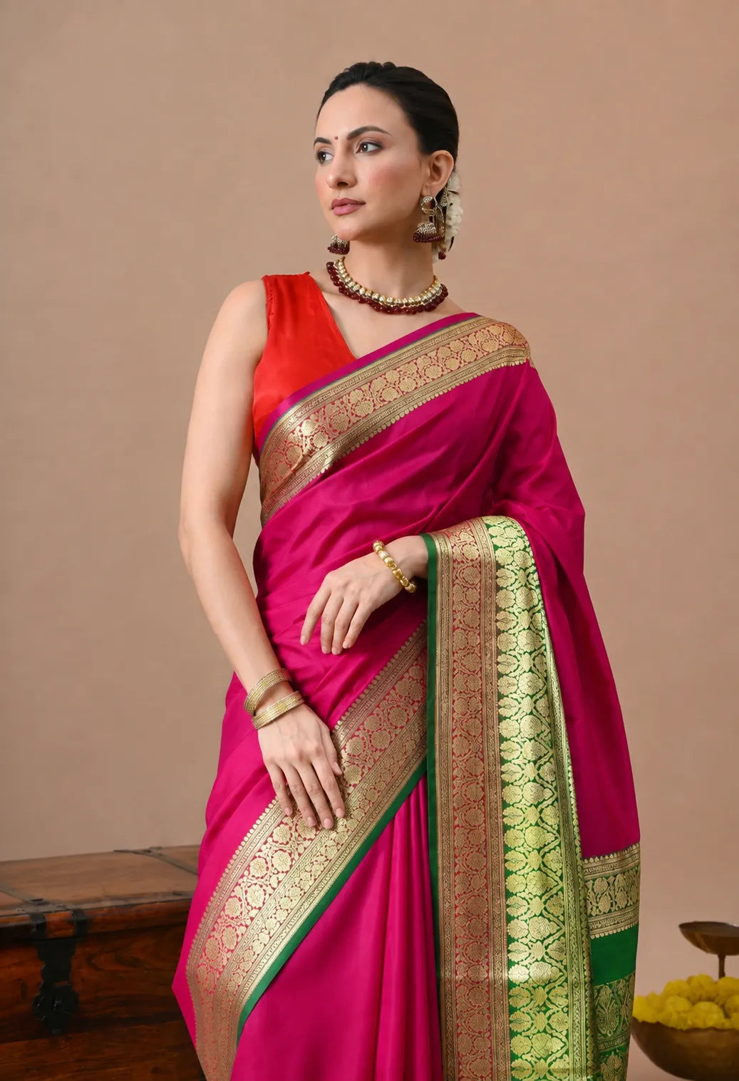 Rani Pink Silk Saree with Zari Borders and Green Contrast Pallu