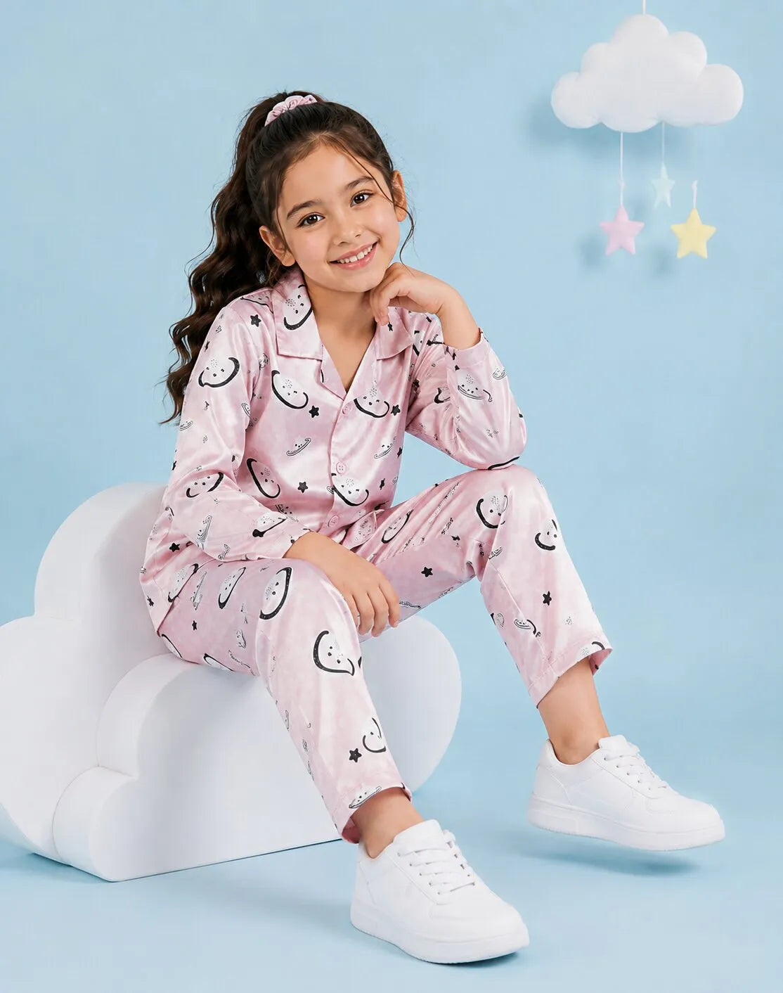 Girls Pink Celestial Printed Satin Night Suit Set