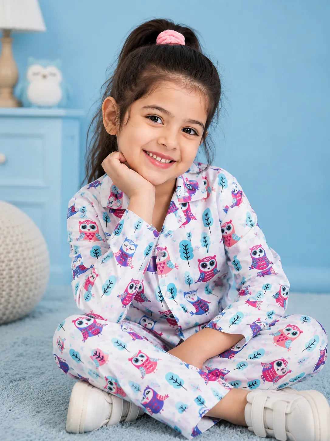 Kids' White & Purple Owl Print Pure Cotton Girls Night Suit