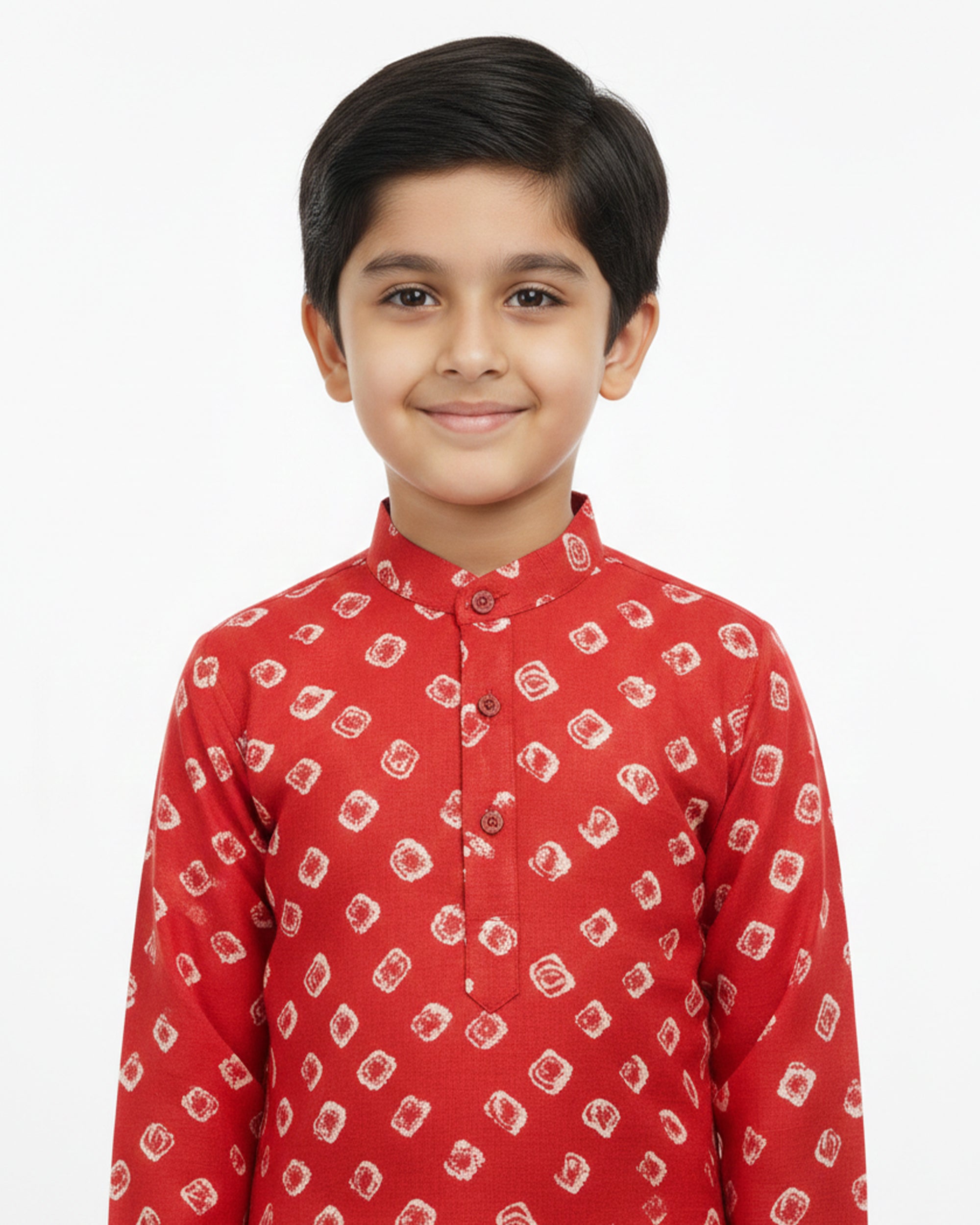 Boys Red & White Bandhani Printed Pure Cotton Kurta with Pyjamas