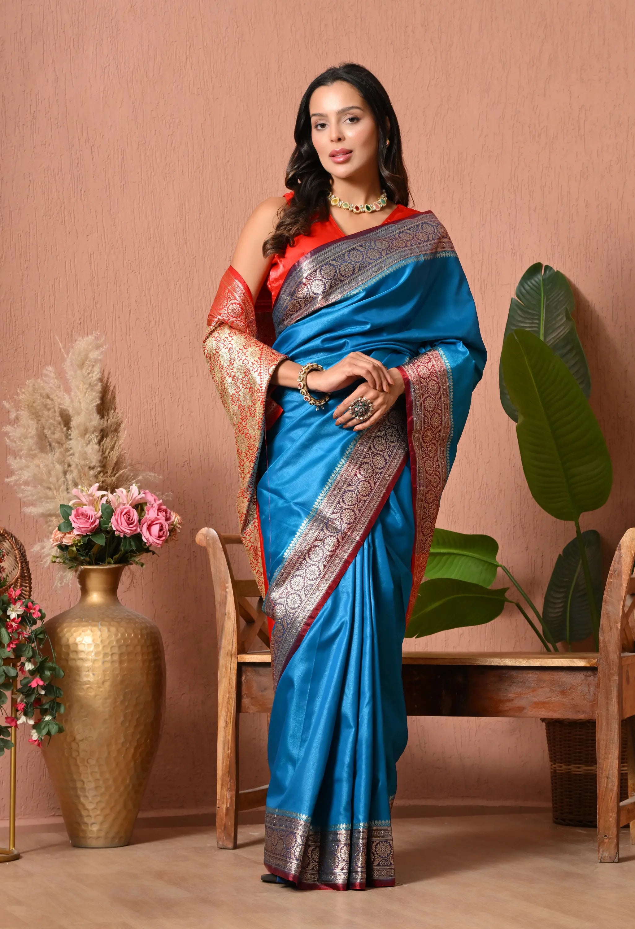 Regal Blue and Red Banarasi Style Silk Blend Saree