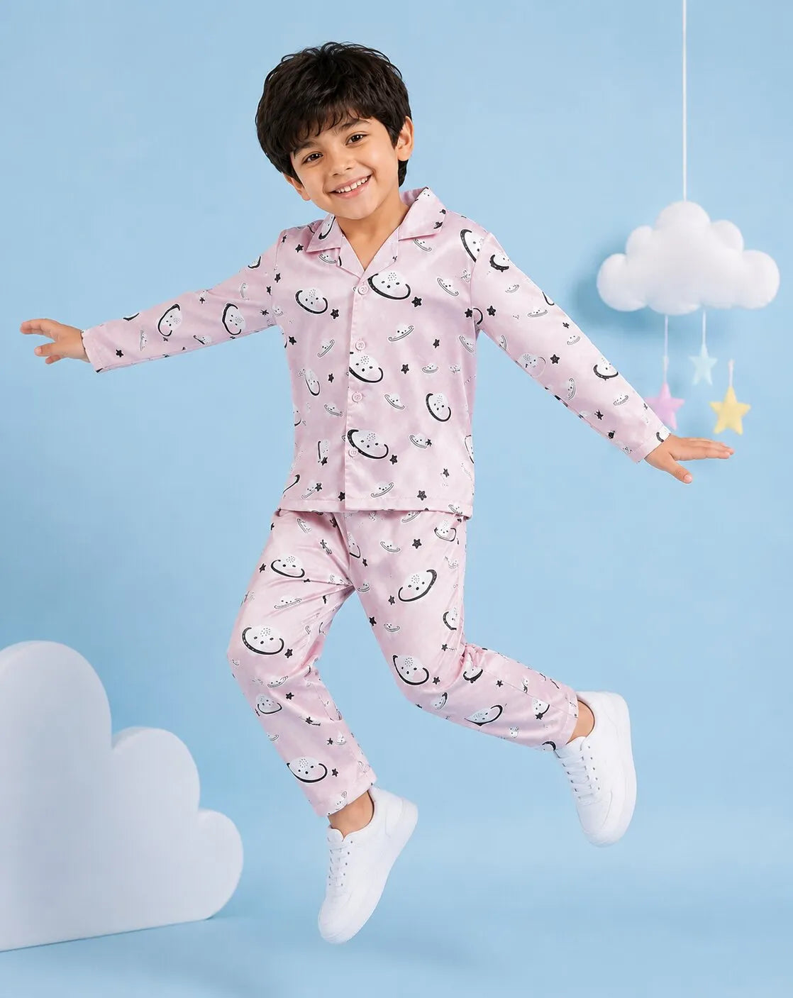 Boys Pink Celestial Printed Satin Night Suit Set