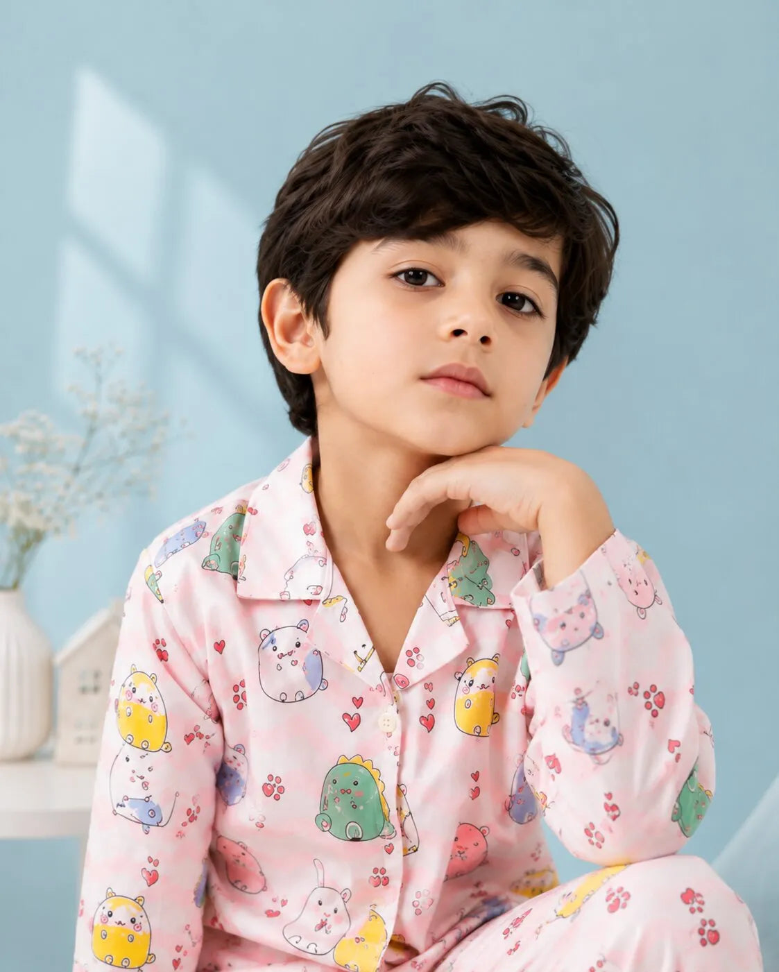 Boys' Whimsical Animal & Wave Print Premium Satin Night Suit – Full Sleeve Shirt & Pajama Set