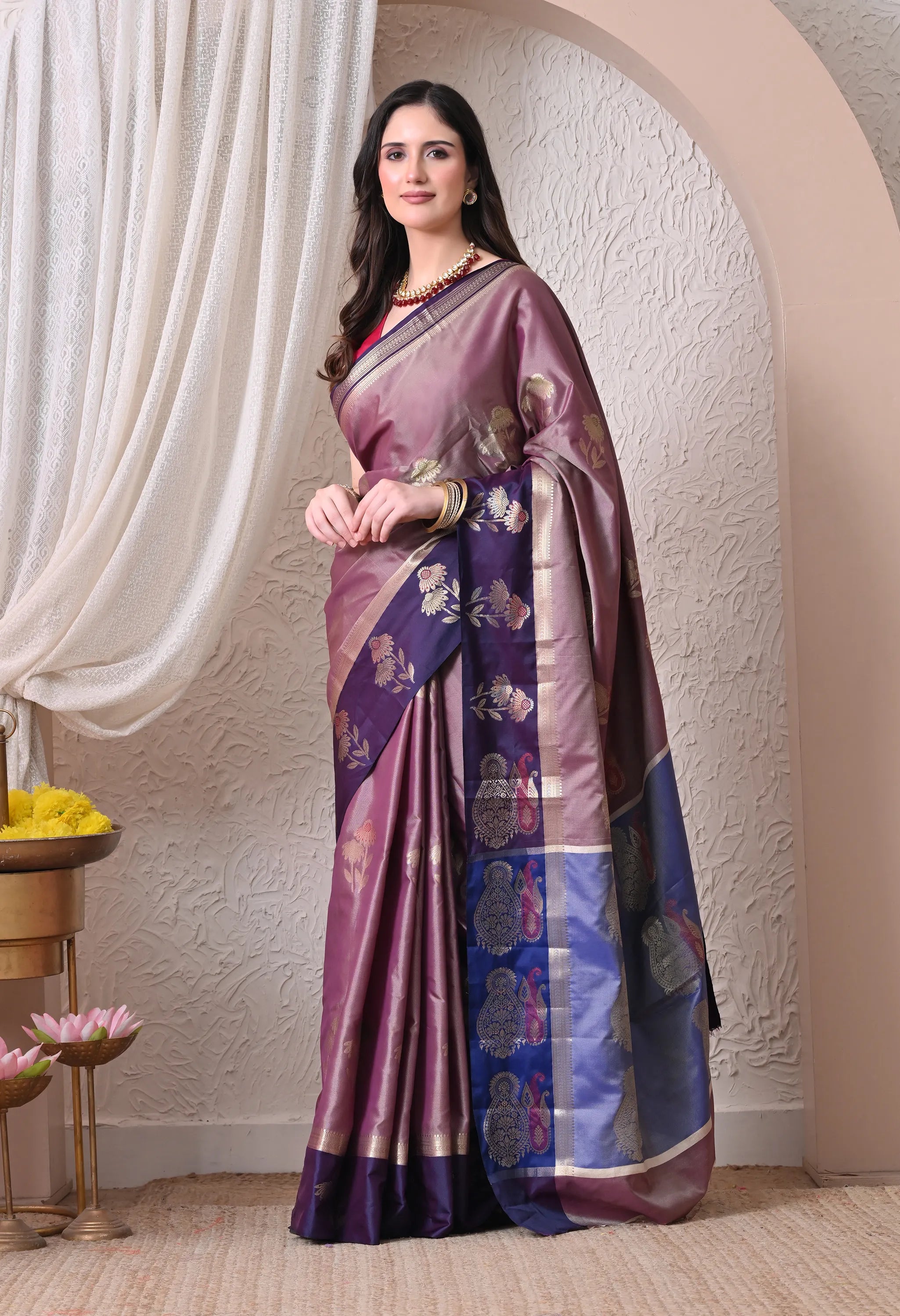 Elegant Mauve and Deep Purple Silk Blend Saree with Traditional Zari Motifs