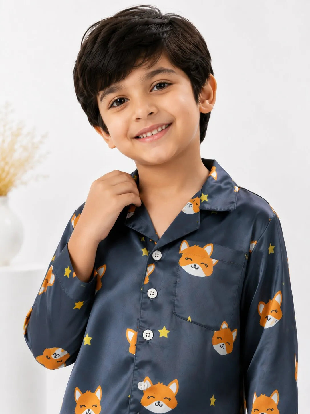 Kids Navy Blue Fox Print Satin Pajama Set