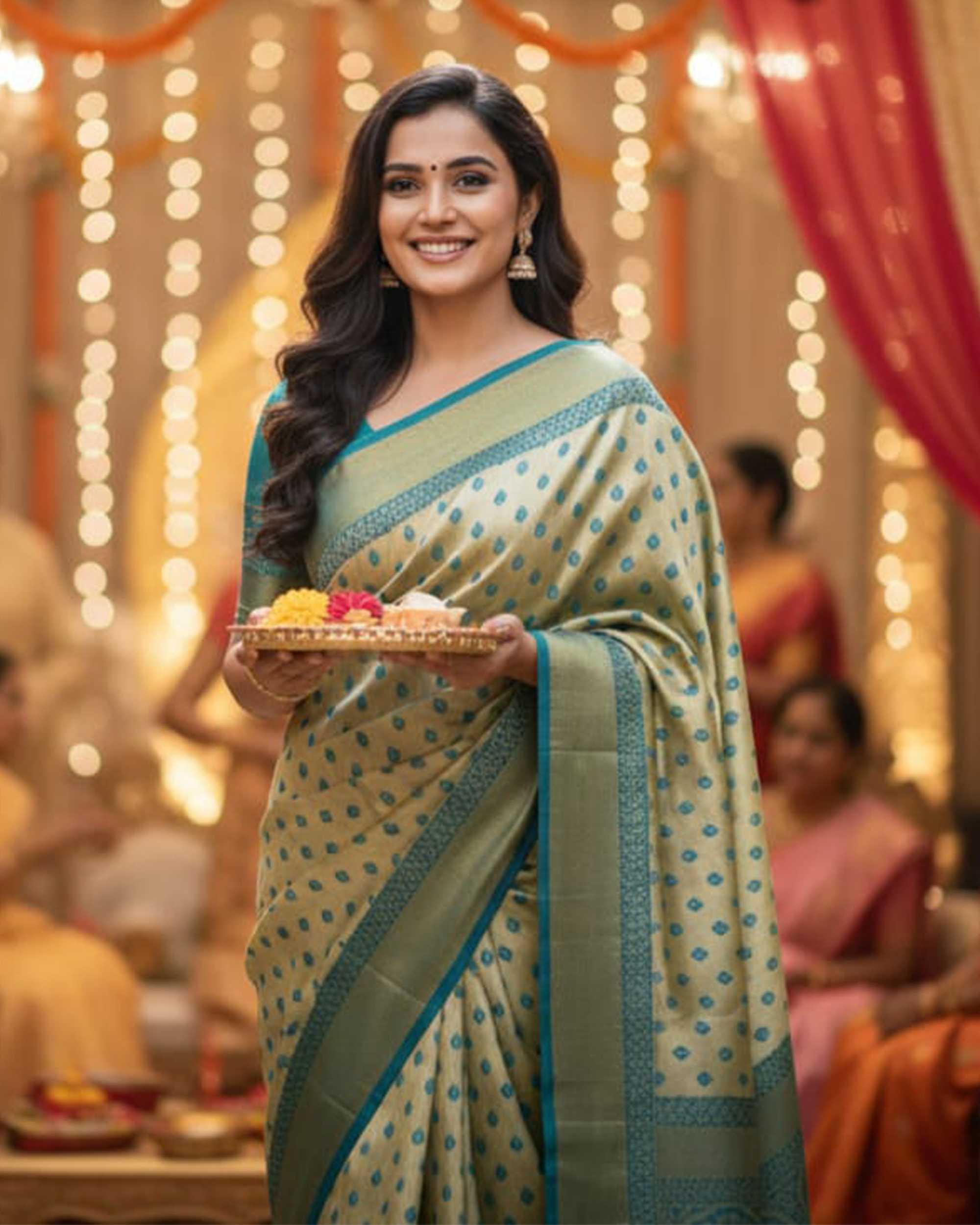 Women Pista Green & Teal Blue Woven Design Zari Kanjeevaram Silk Blend Saree