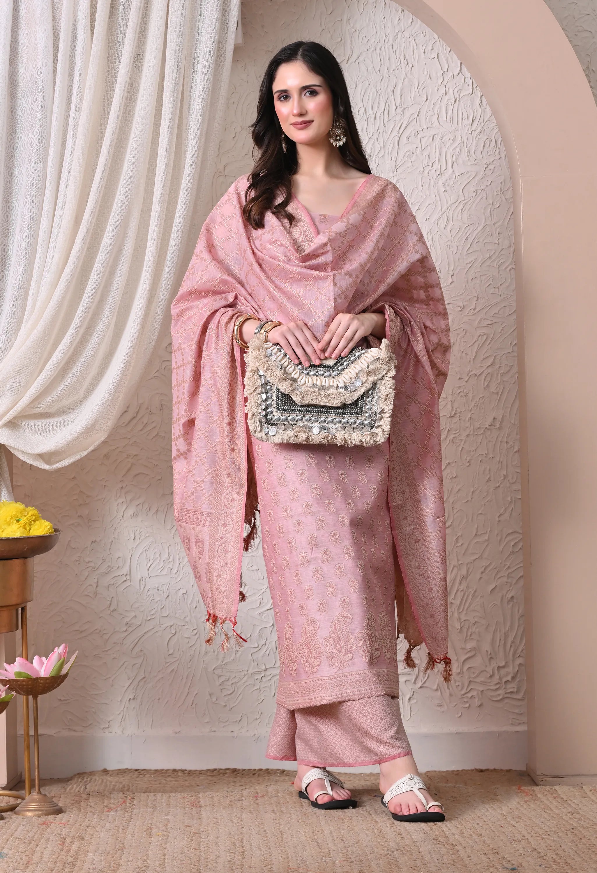 Elegant Onion Pink and Gold Woven Silk Unstitched Salwar Suit Material with Banarasi Style Dupatta