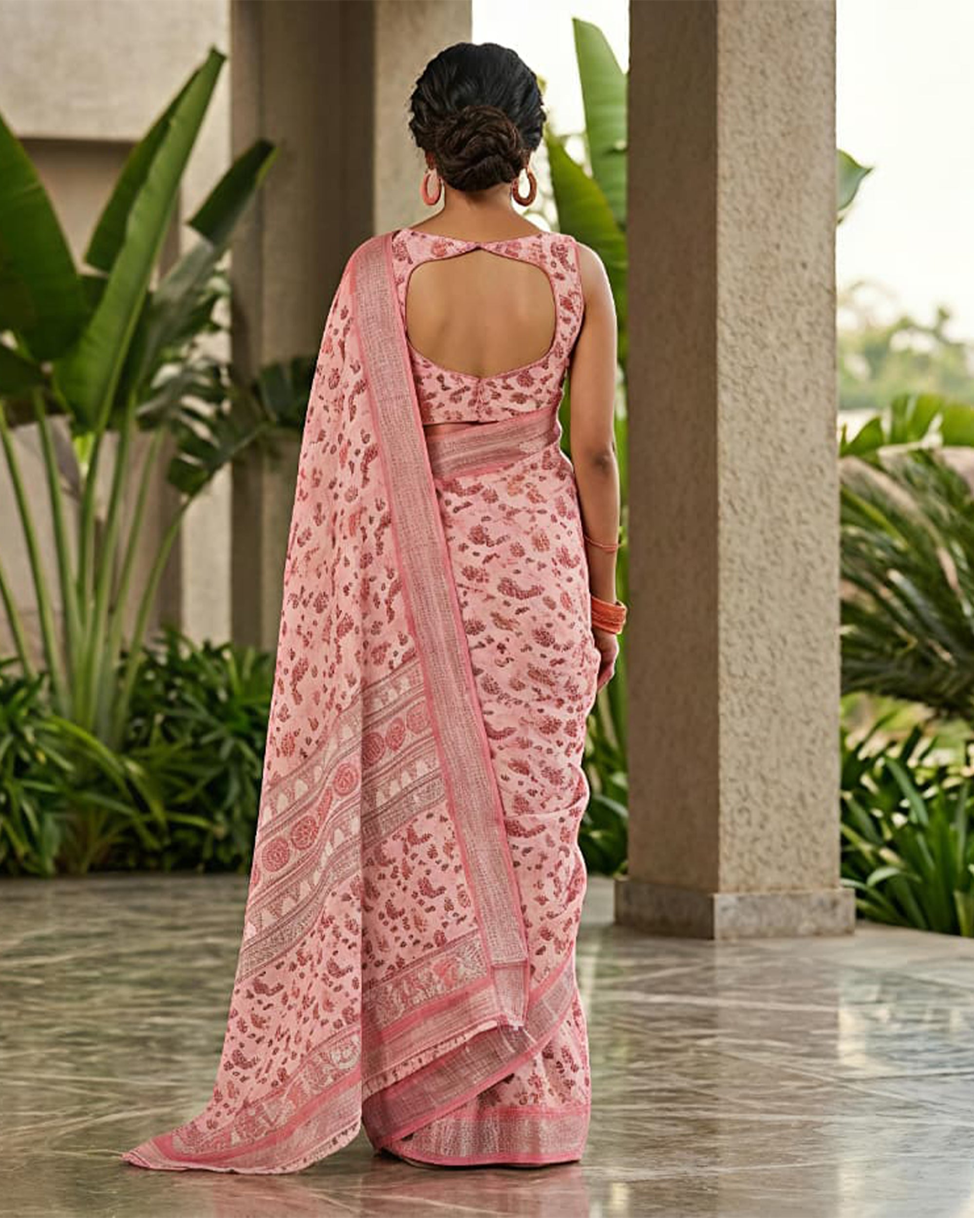 Pink & Red Floral Printed Pure Cotton Saree with Zari Border