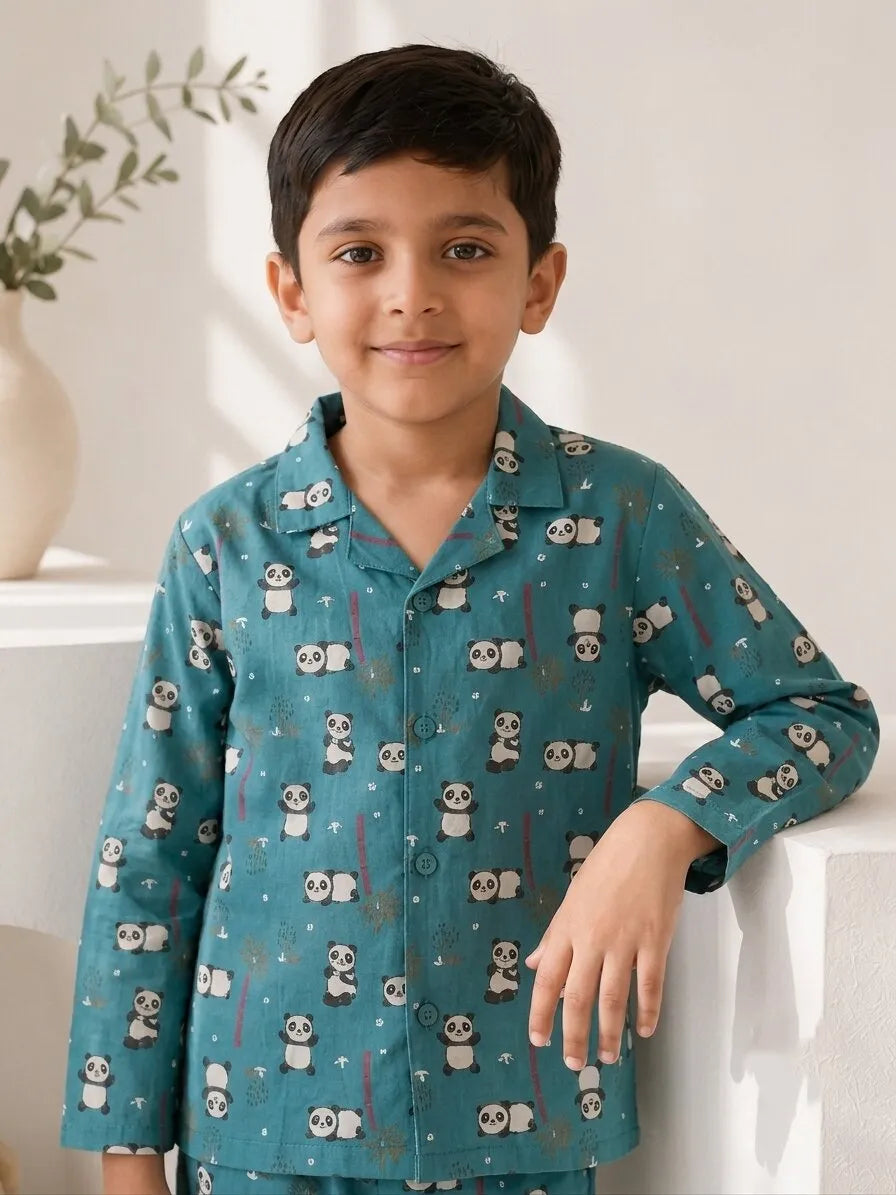 Kids Boys Blue Panda Printed Satin Night Suit