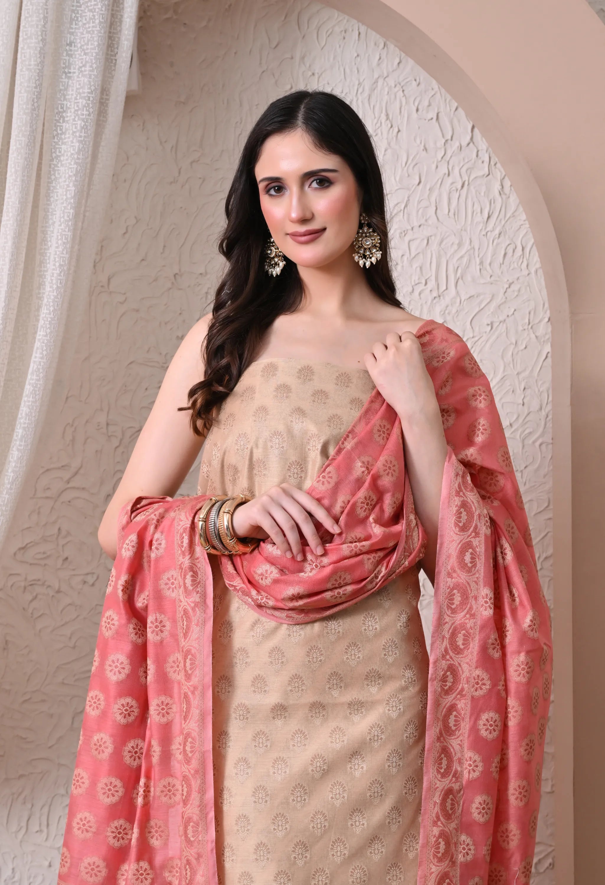 Elegant Beige and Pink Woven Silk Unstitched Salwar Suit Material with Banarasi Style Dupatta