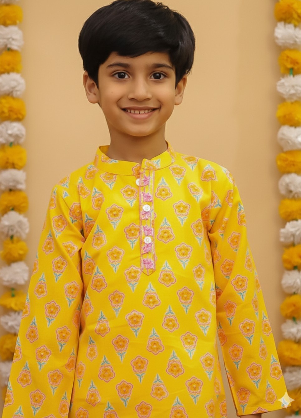Boys' Yellow Cotton Floral Print Kurta Pajama Set | Traditional Indian Ethnic Wear for Kids | Festive, Wedding & Party Outfit