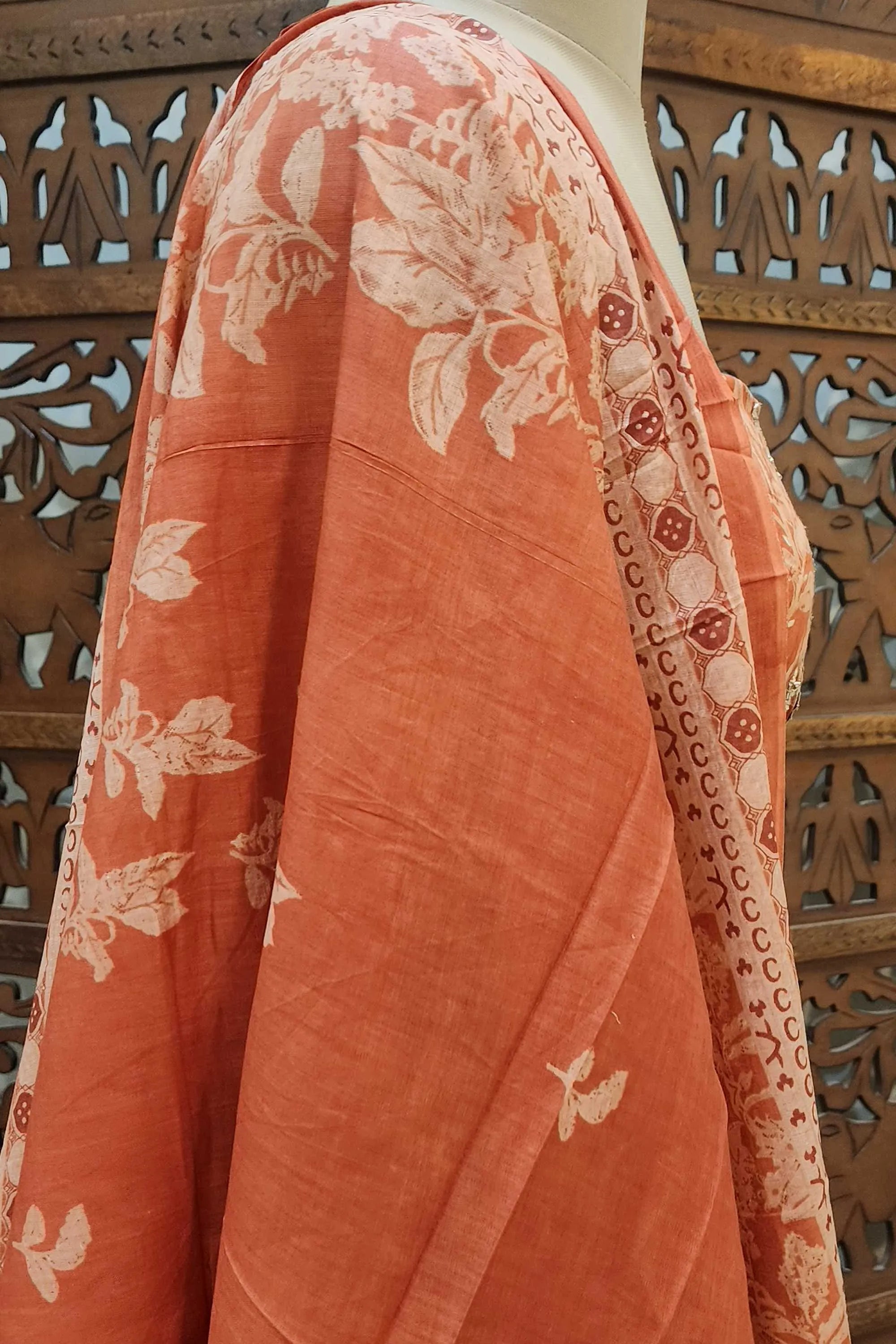 Peach & Off-White Floral Print Pure Cotton Unstitched Dress Material
