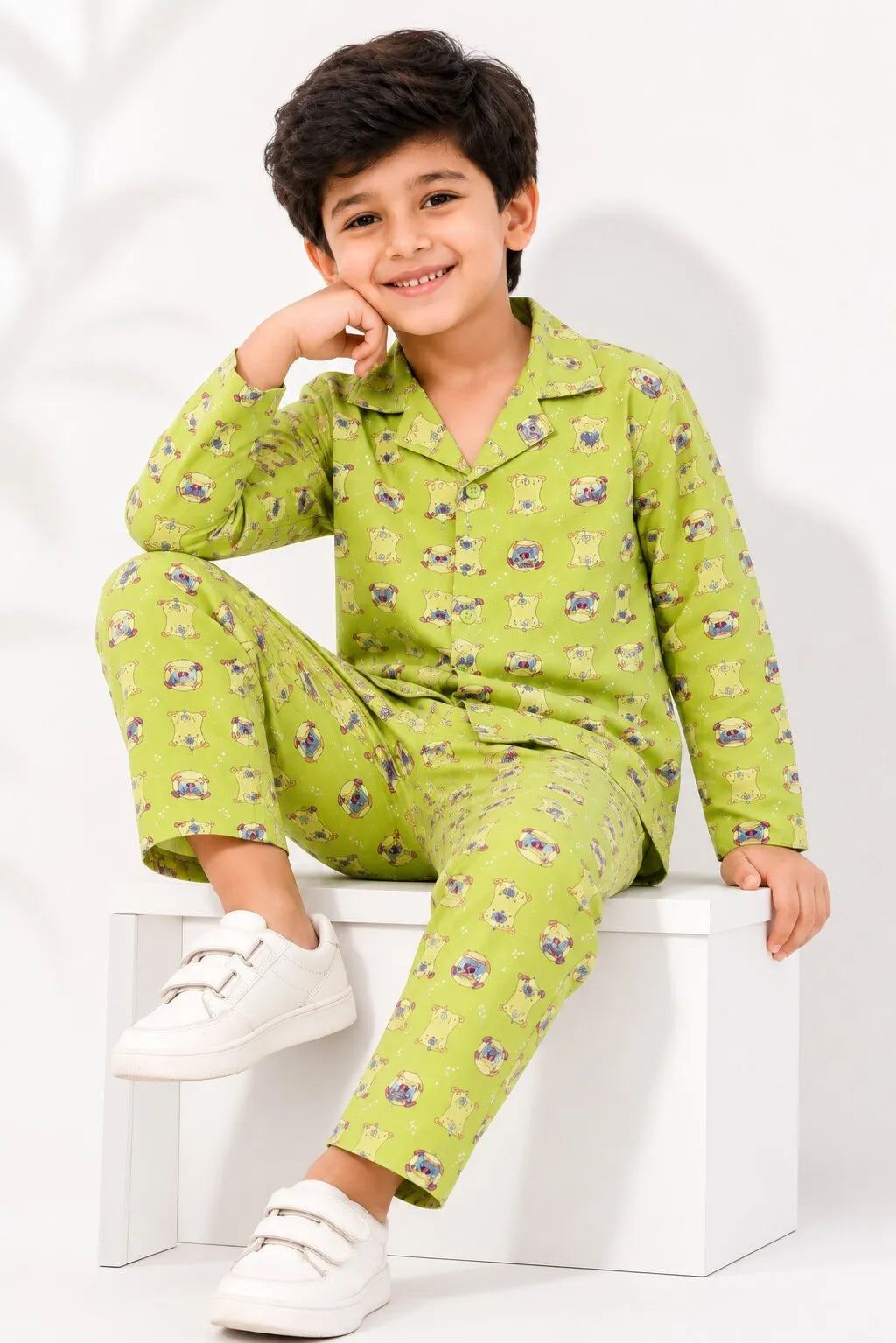 Kids Olive Green & Beige Pug Print Night Suit