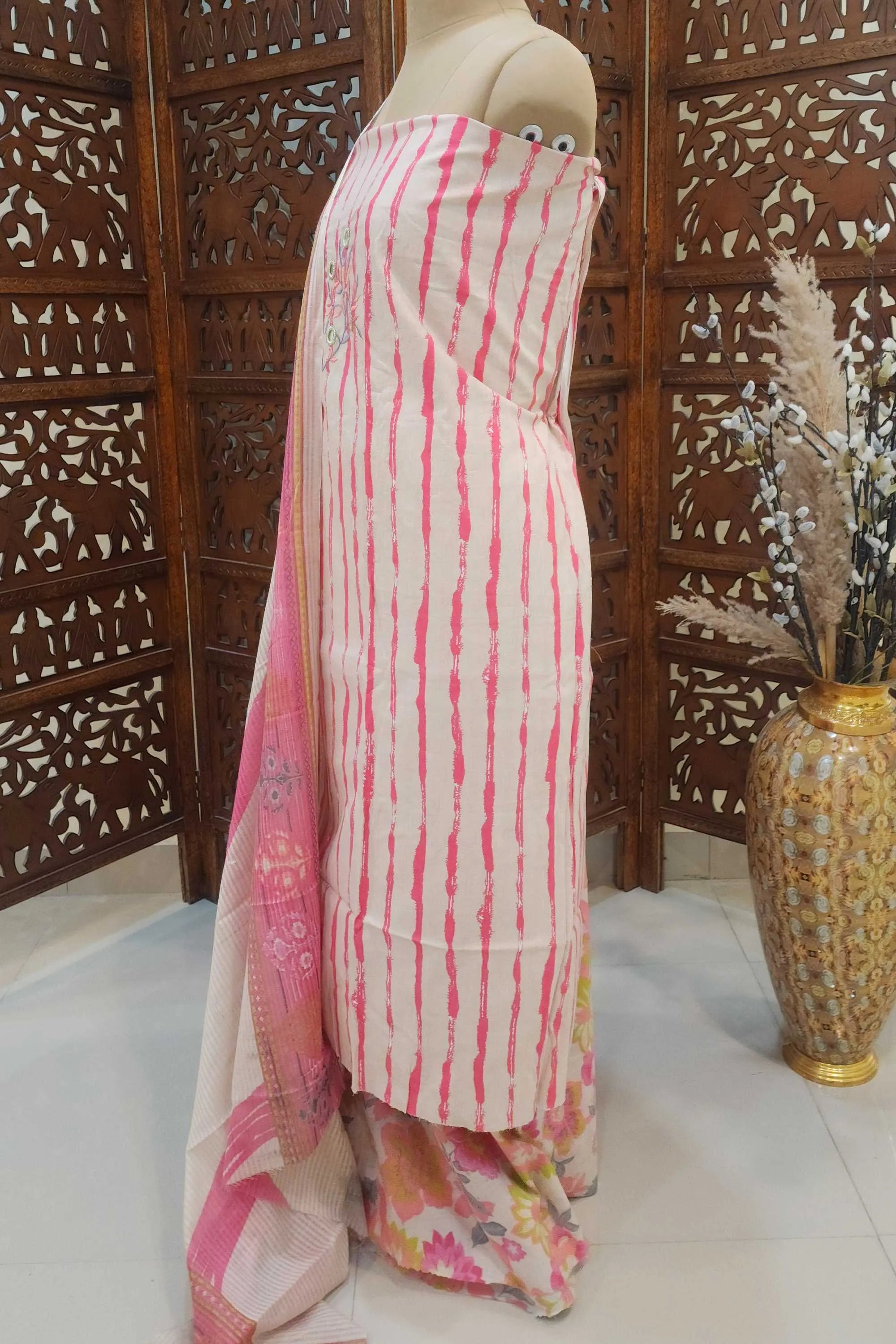 Women Off-White & Pink Printed Pure Cotton Unstitched Dress Material with Mirror Work
