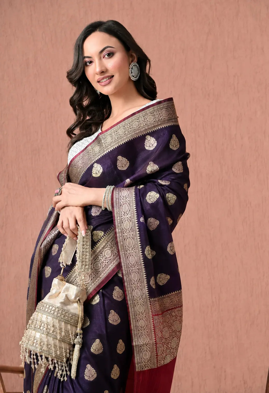 Regal Deep Purple Silk Blend Banarasi Saree with Zari Weaving