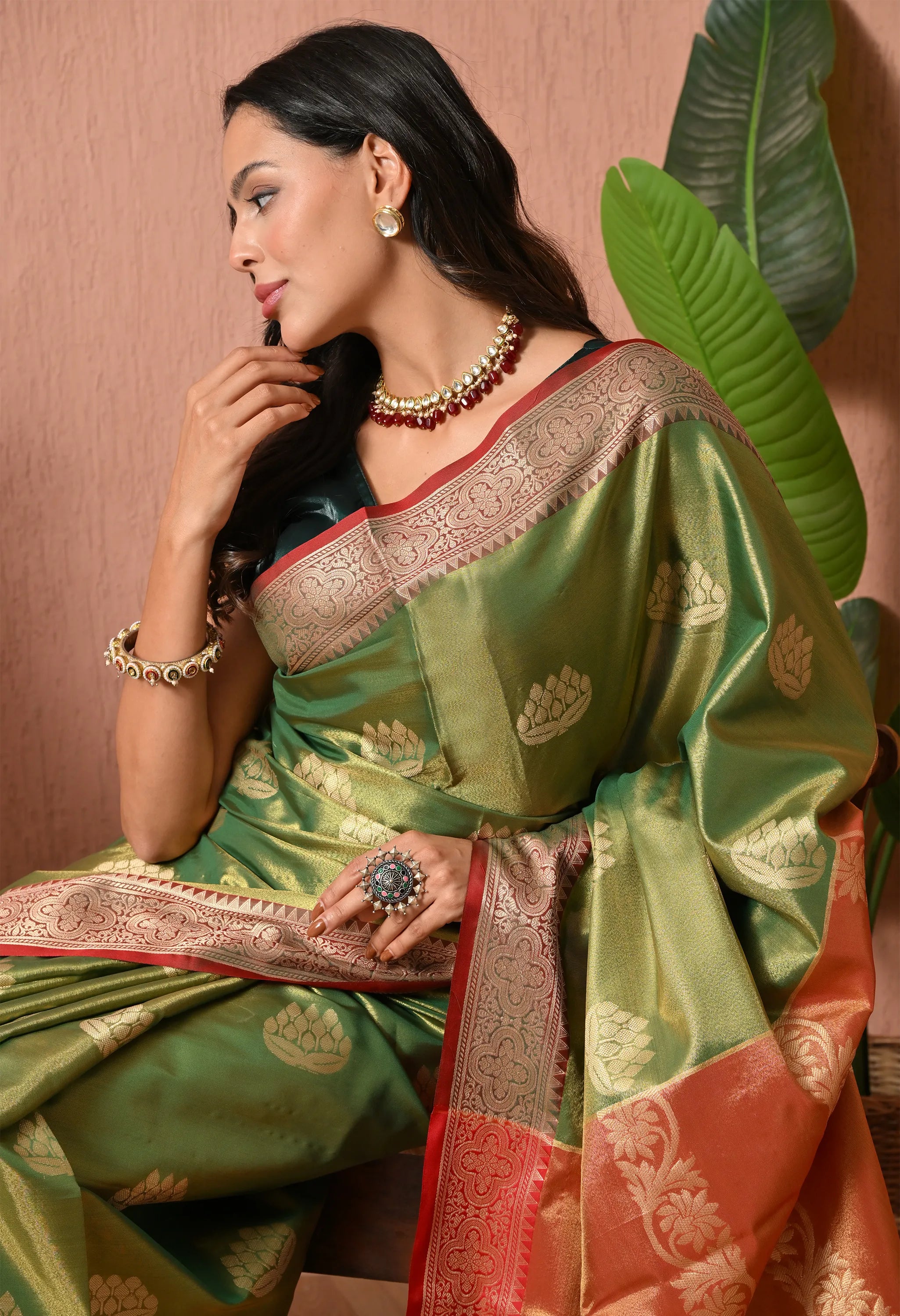 Silk Blend Saree in Olive Green & Crimson Rust