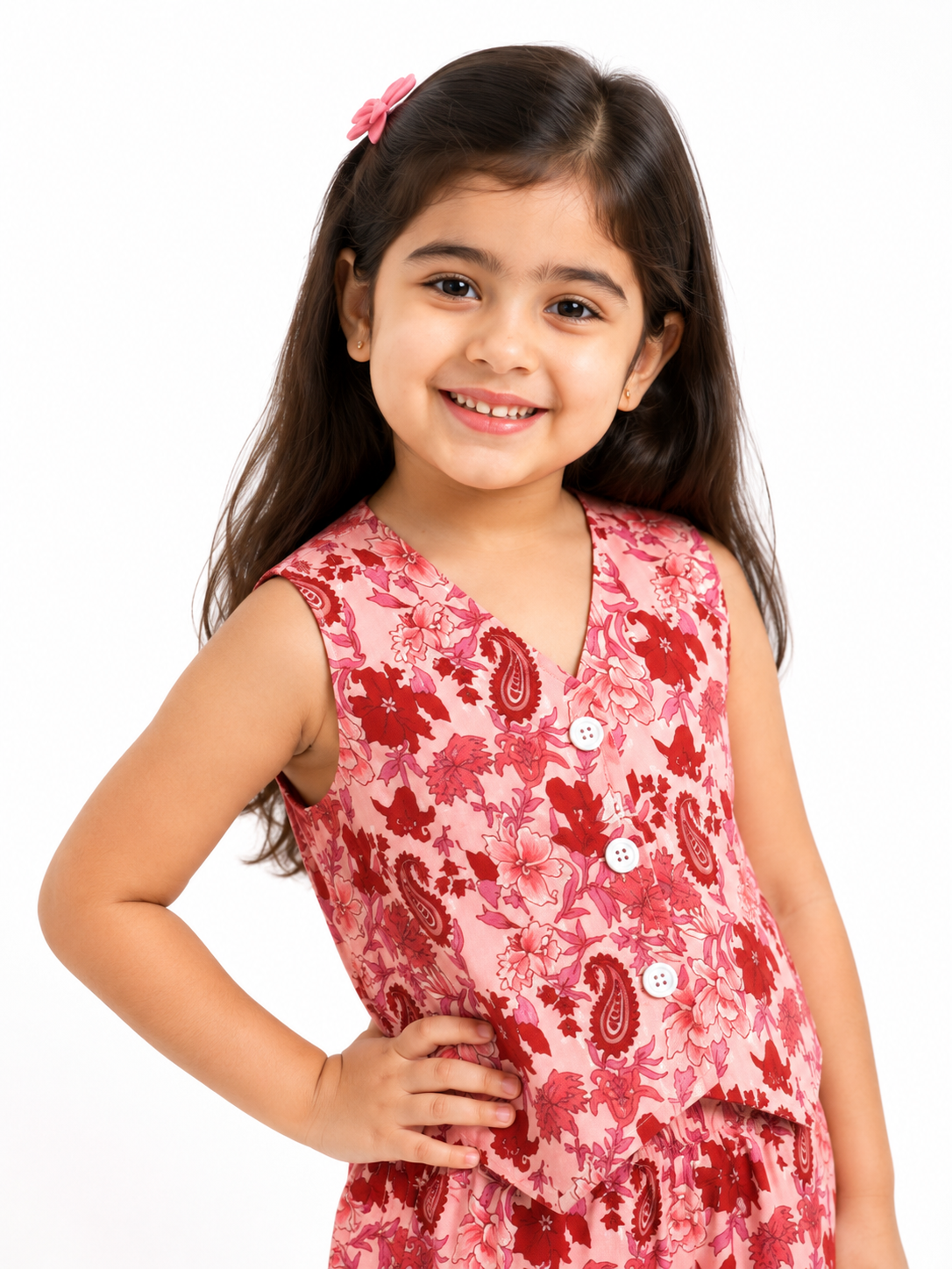 Girls Pure Cotton Floral and Paisley Printed Vest Style Crop Top with Wide-Leg Trousers Co-Ord Set