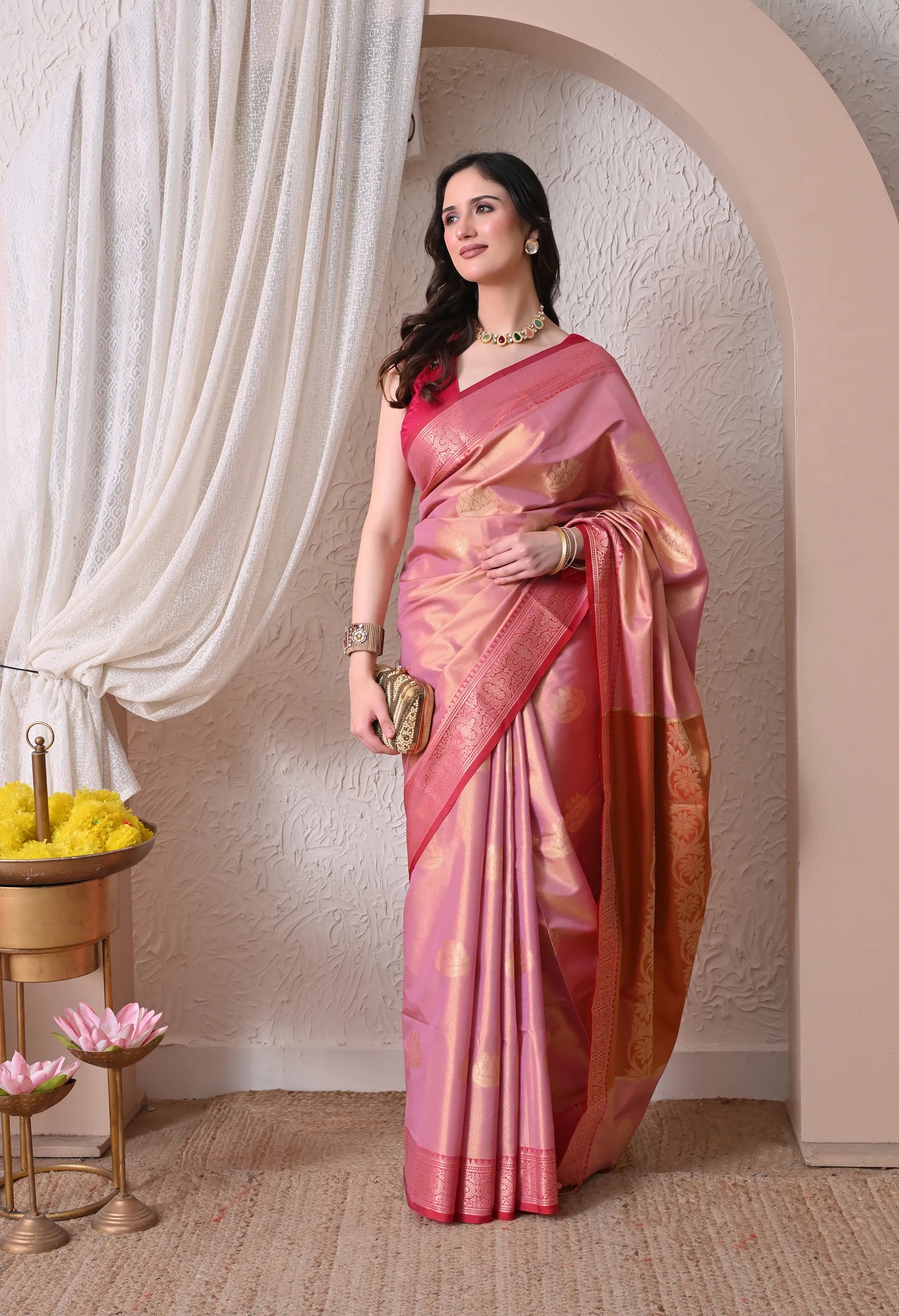 Enchanting Pink Silk Blend Saree with Golden Zari Motifs and Rich Pallu