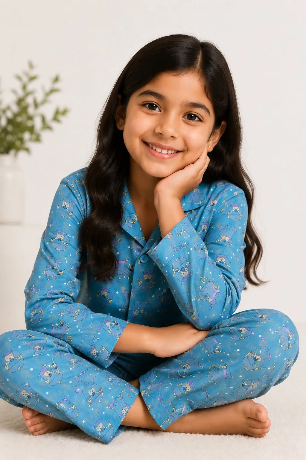 Teal Blue & Grey Hedgehog Print Pure Cotton Girls Night Suit