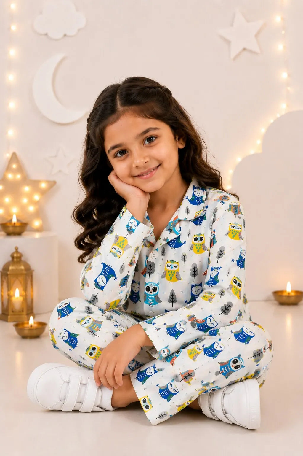 White & Blue Owl Print Pure Cotton Girls Night Suit