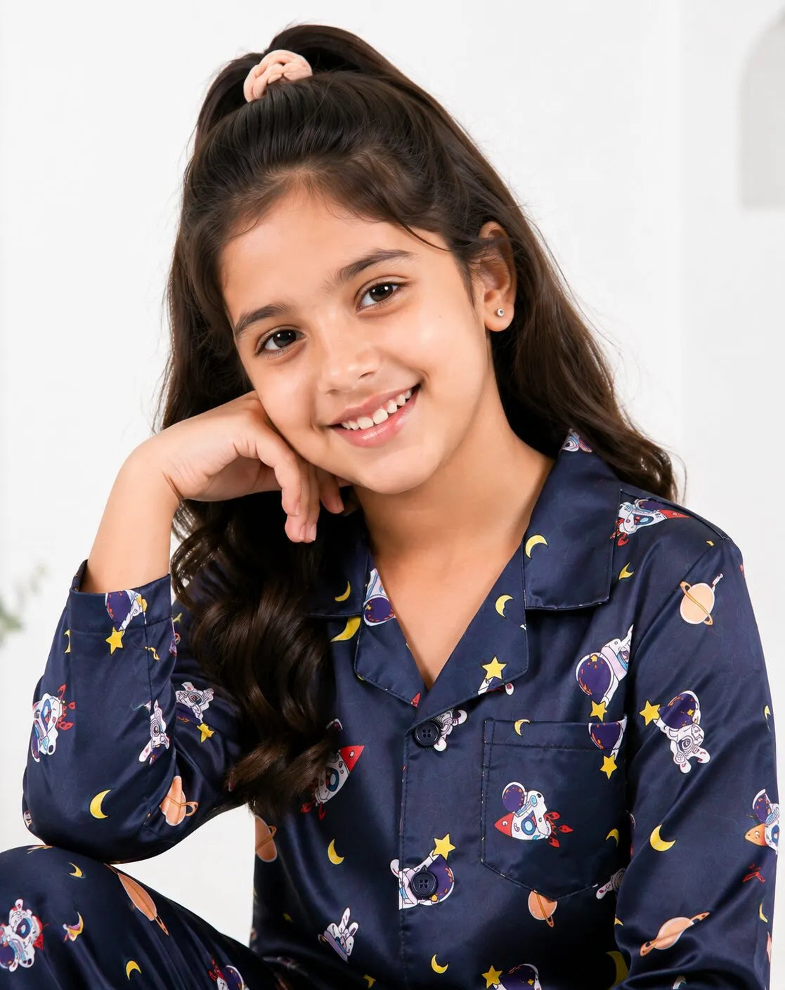 Girls  Navy Blue & Multi Satin Space Print Nightsuit Set
