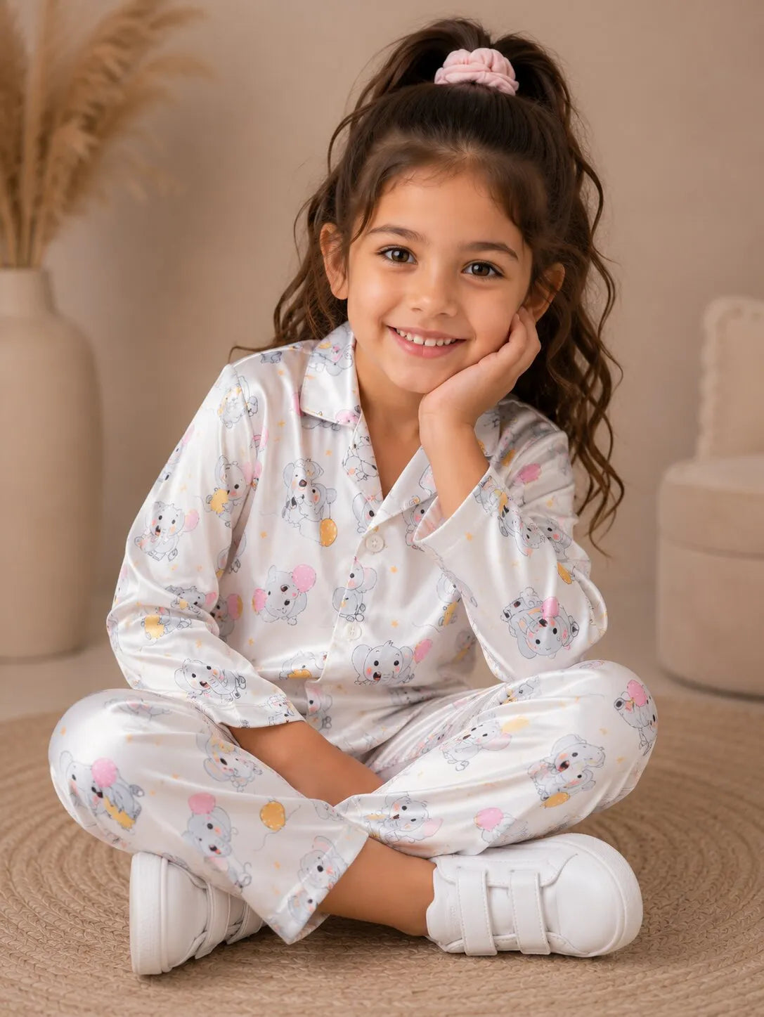 Girls Satin Elephant & Balloon Print Night Suit